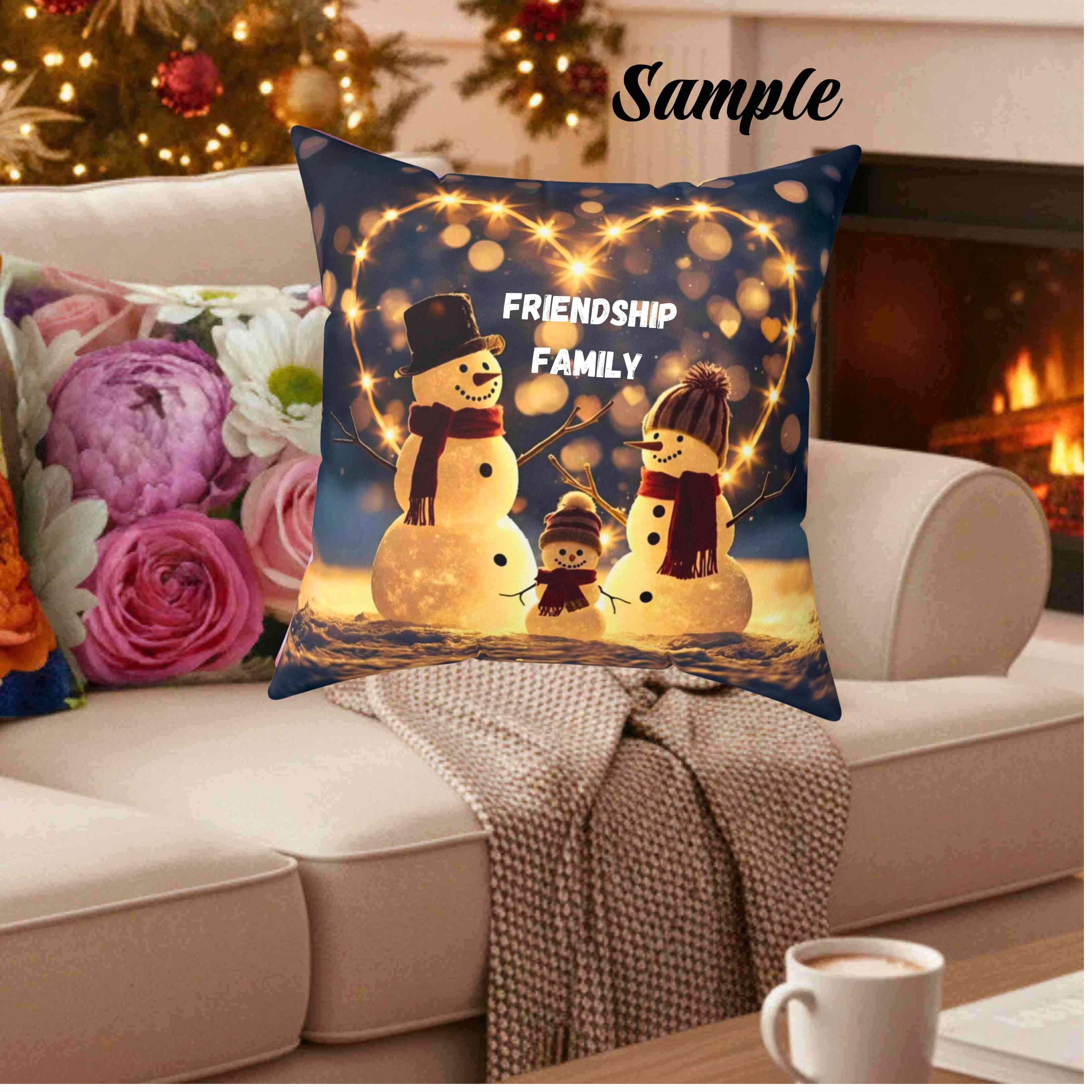 Custom Snowman Family Pillow – Snow Family in Front of Glowing Heart with Lights &amp; Snowfall – Personalized Christmas Throw Cushion Gift product thumbnail image