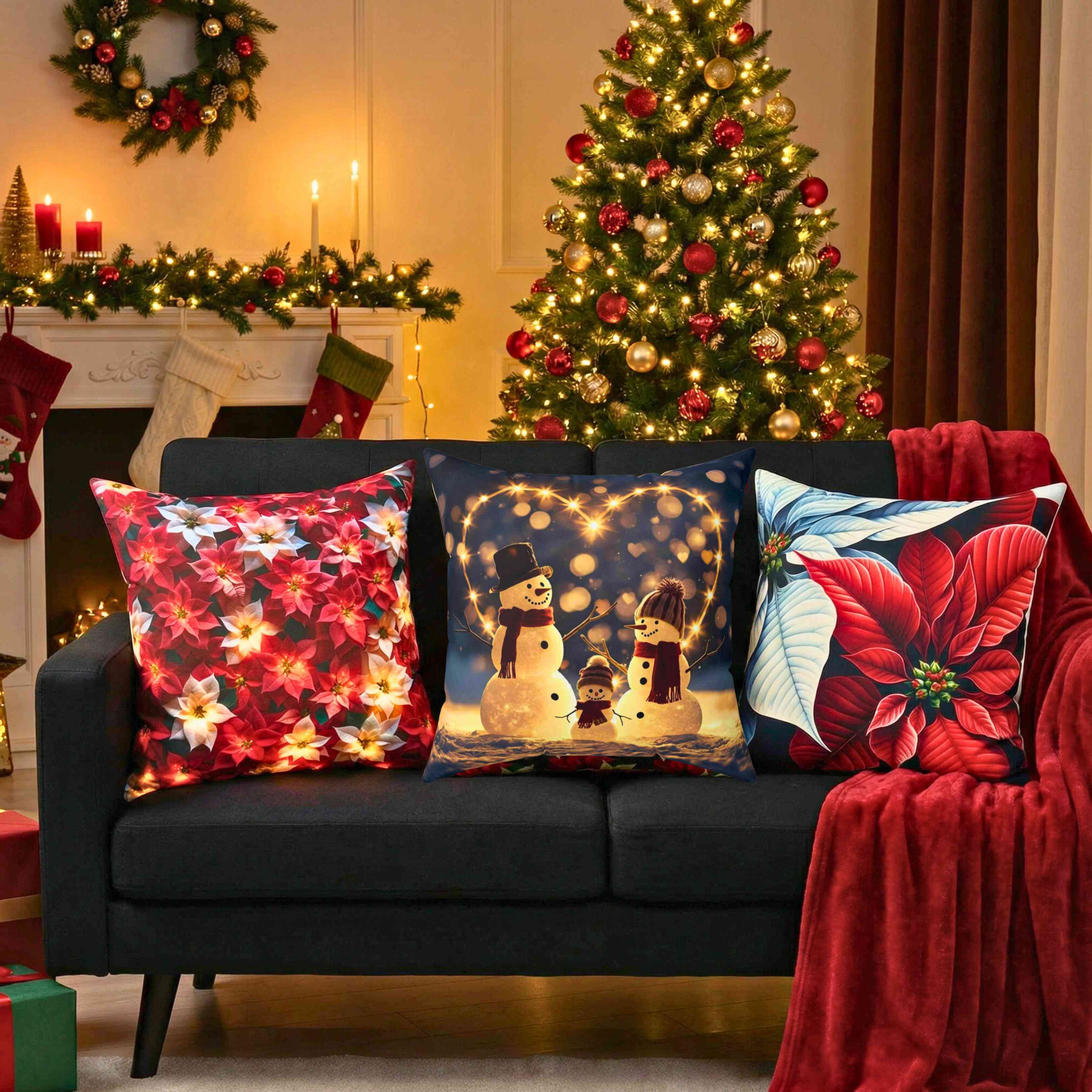 Custom Snowman Family Pillow – Snow Family in Front of Glowing Heart with Lights &amp; Snowfall – Personalized Christmas Throw Cushion Gift product thumbnail image