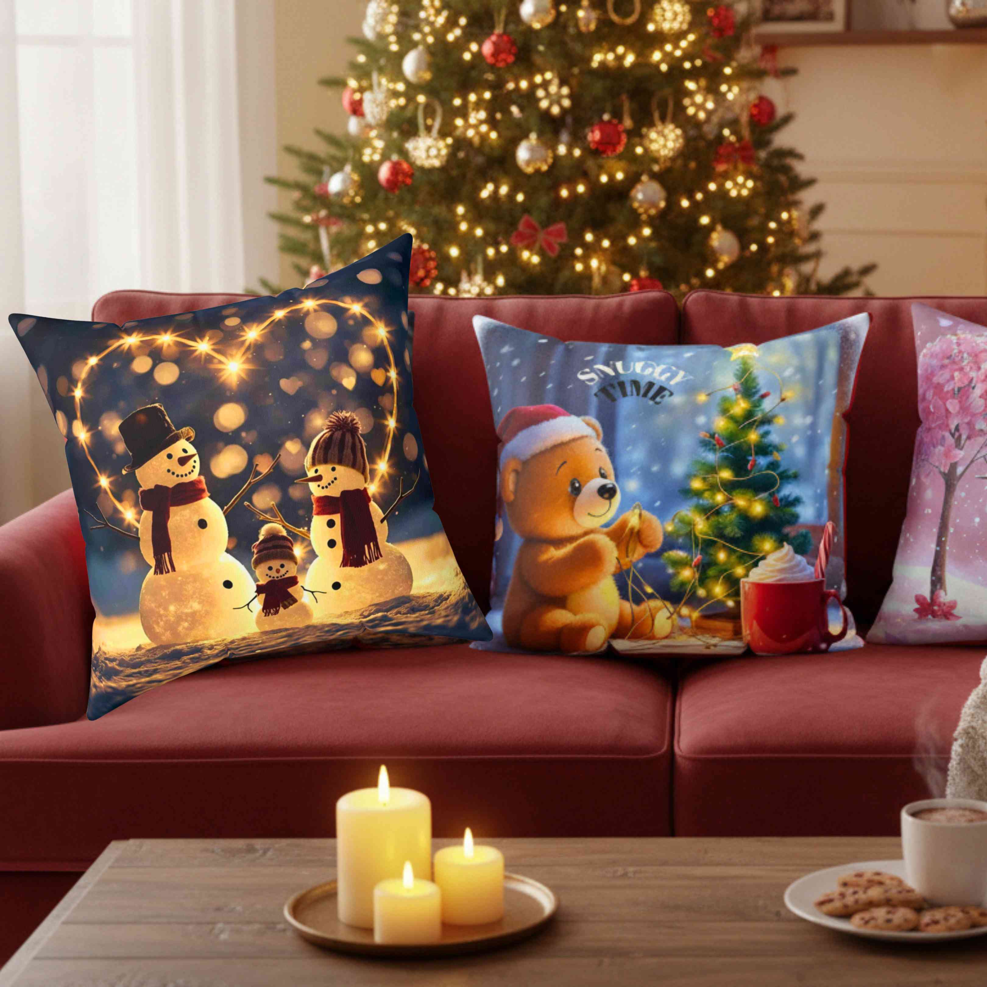 Custom Snowman Family Pillow – Snow Family in Front of Glowing Heart with Lights &amp; Snowfall – Personalized Christmas Throw Cushion Gift product thumbnail image