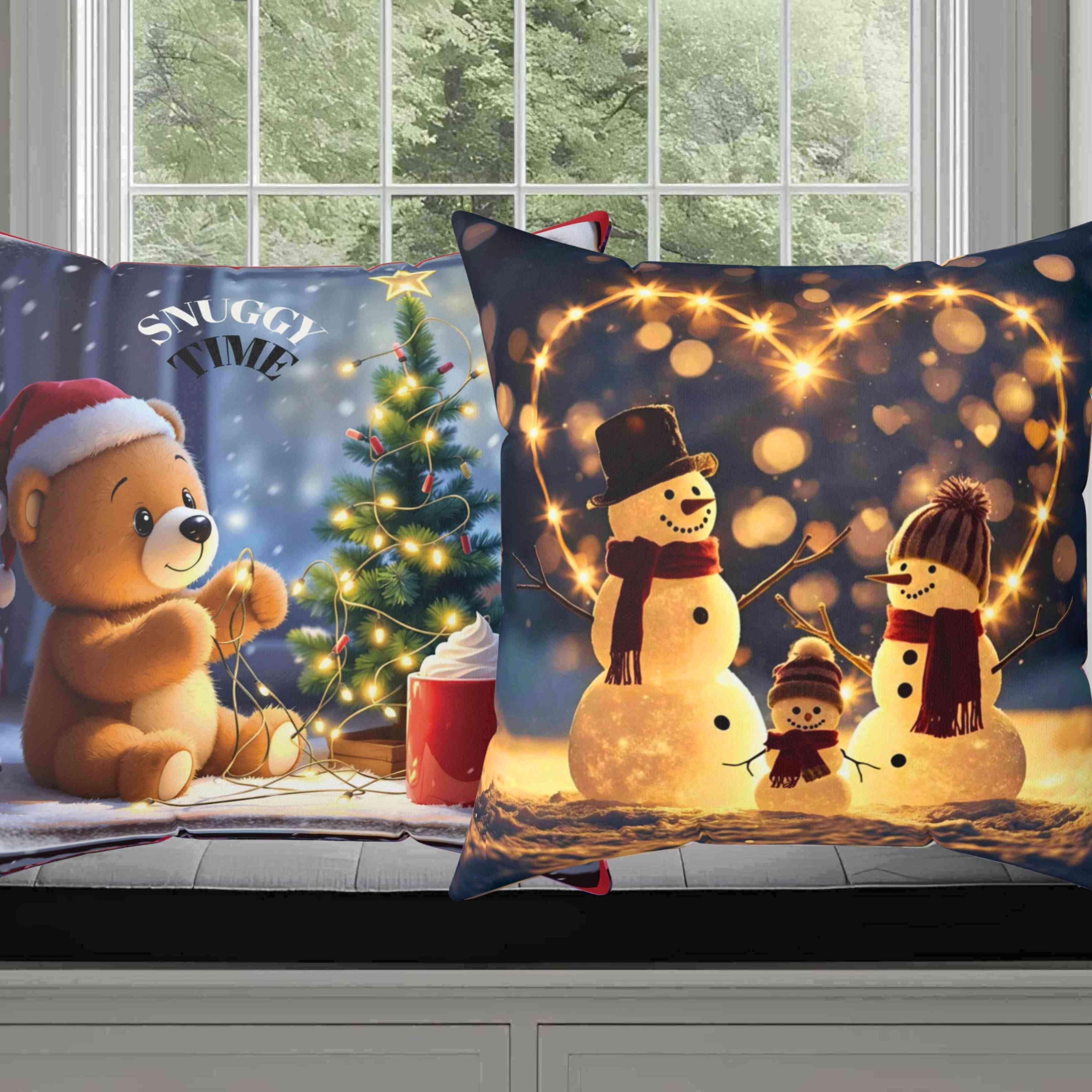 Custom Snowman Family Pillow – Snow Family in Front of Glowing Heart with Lights &amp; Snowfall – Personalized Christmas Throw Cushion Gift product thumbnail image