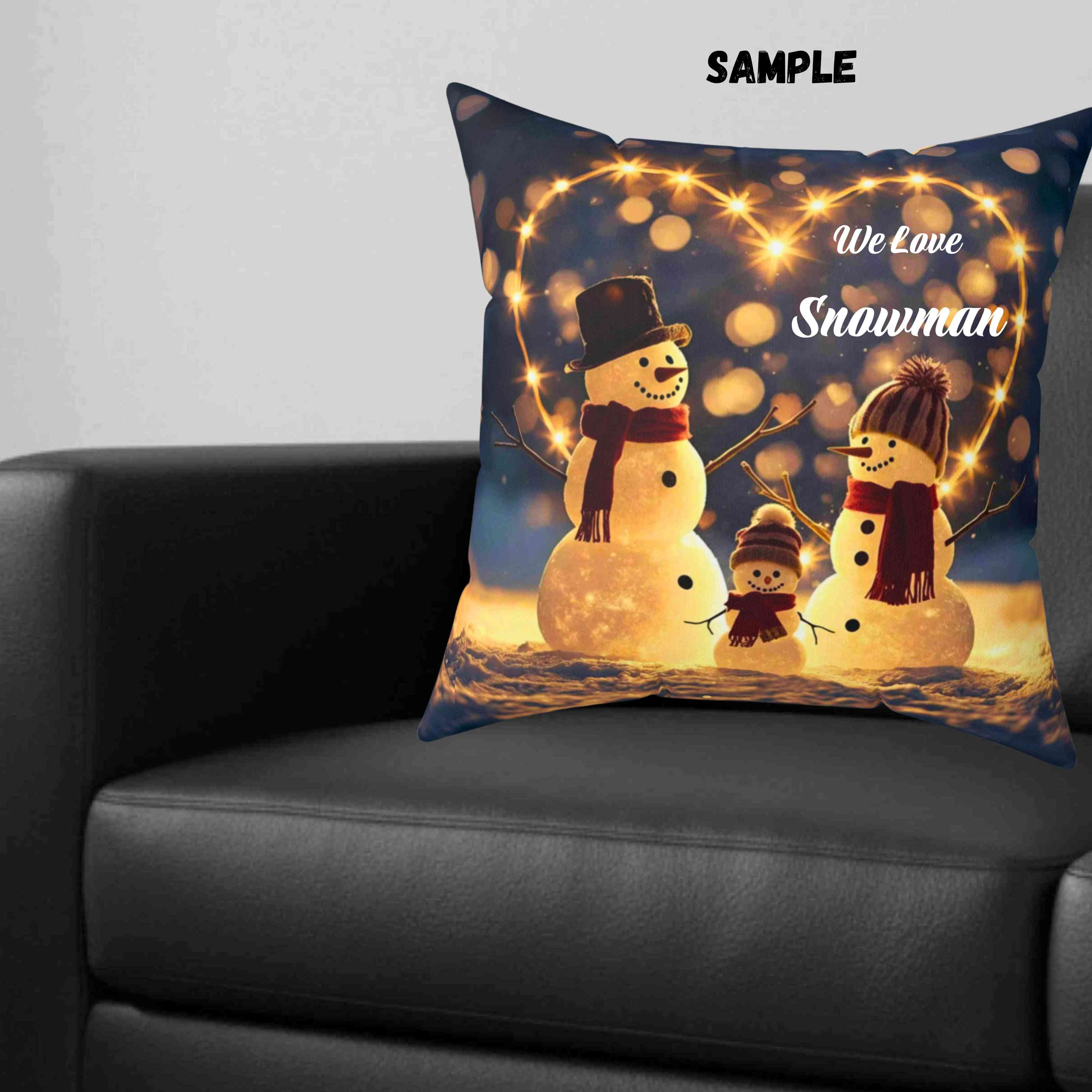 Custom Snowman Family Pillow – Snow Family in Front of Glowing Heart with Lights &amp; Snowfall – Personalized Christmas Throw Cushion Gift product thumbnail image