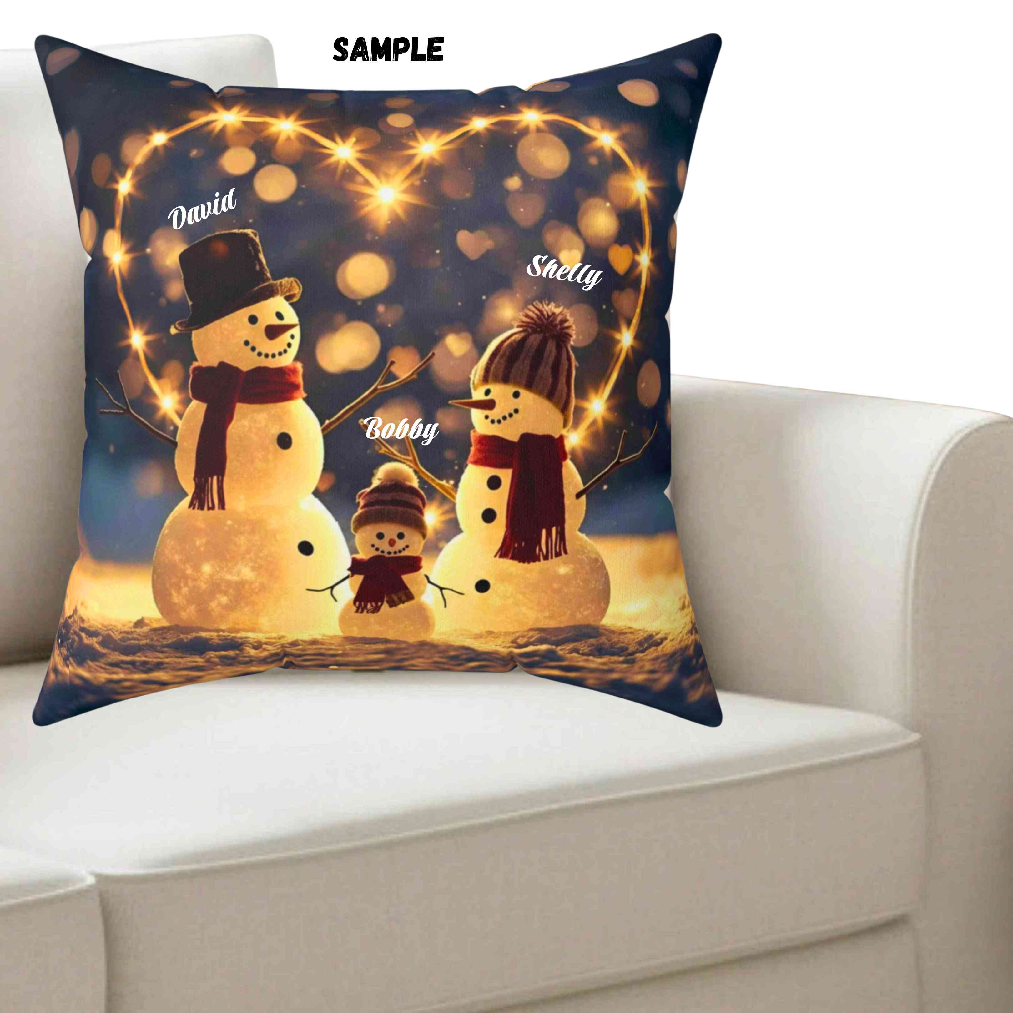 Custom Snowman Family Pillow – Snow Family in Front of Glowing Heart with Lights & Snowfall – Personalized Christmas Throw Cushion Gift product thumbnail image Custom Snowman Family Pillow – Snow Family in Front of Glowing Heart with Lights & Snowfall – Personalized Christmas Throw Cushion Gift product thumbnail image