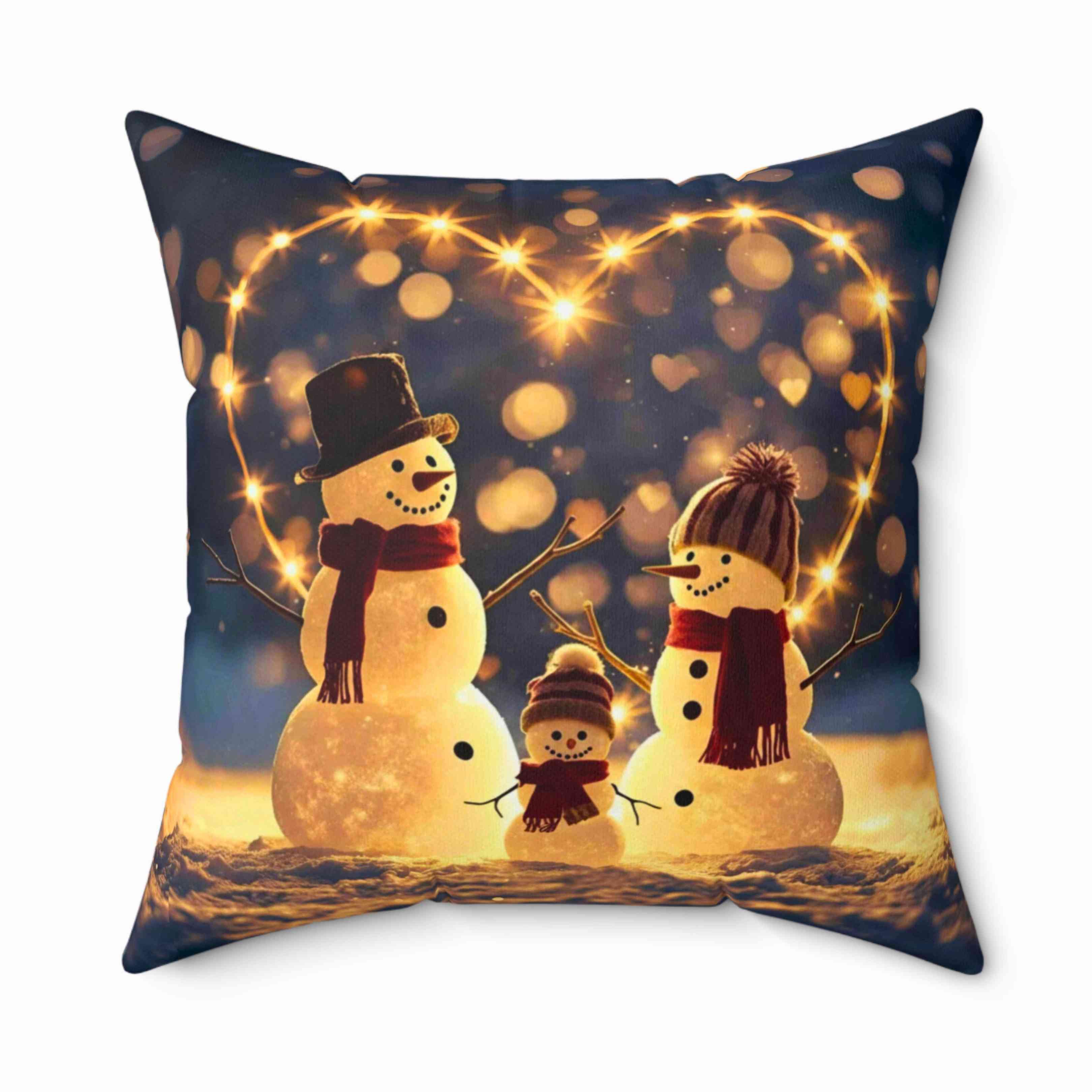 Custom Snowman Family Pillow – Snow Family in Front of Glowing Heart with Lights &amp; Snowfall – Personalized Christmas Throw Cushion Gift product thumbnail image