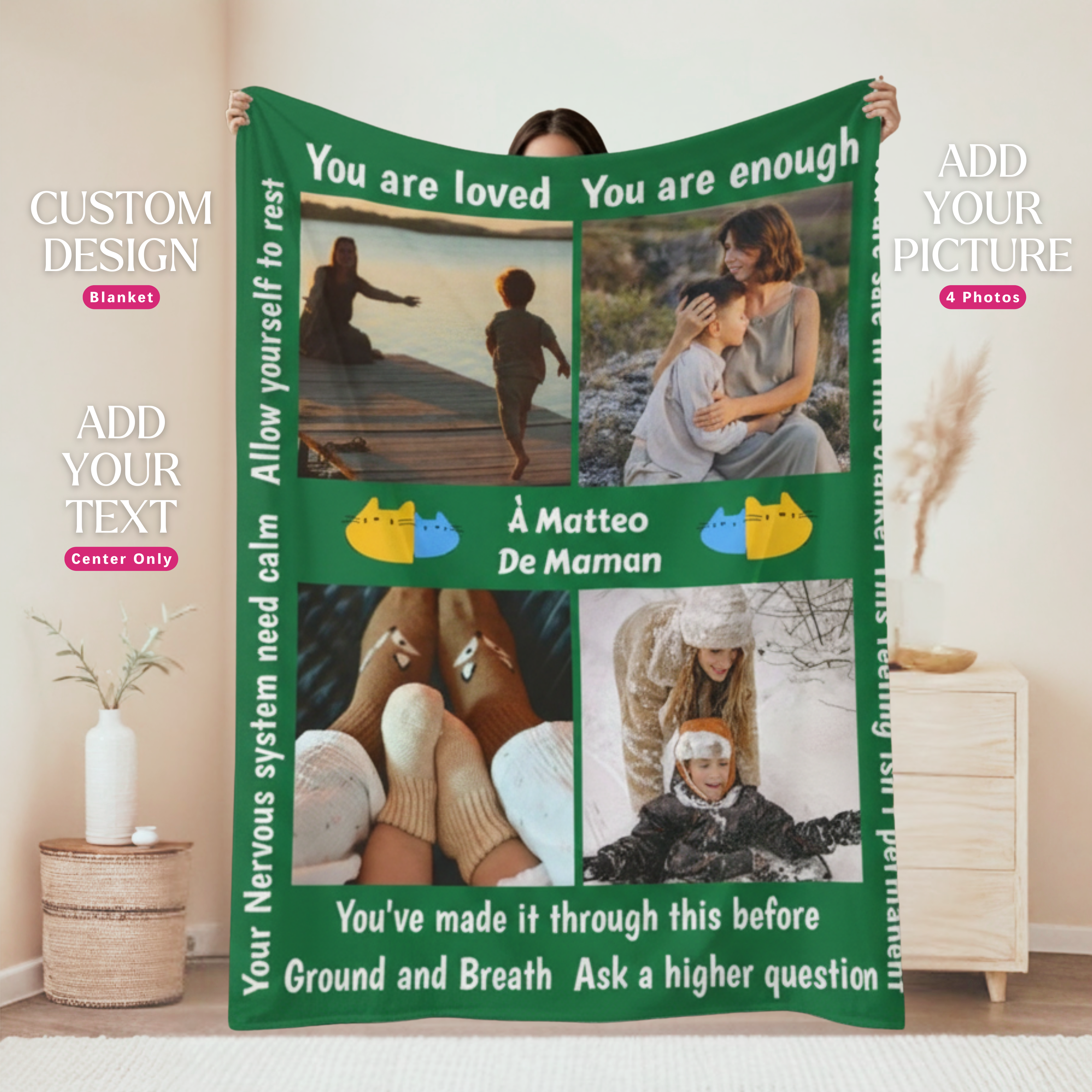 Personalized 4-Photos &amp; Grounded Nervous System Affirmation, Custom Gift Weighted Blanket