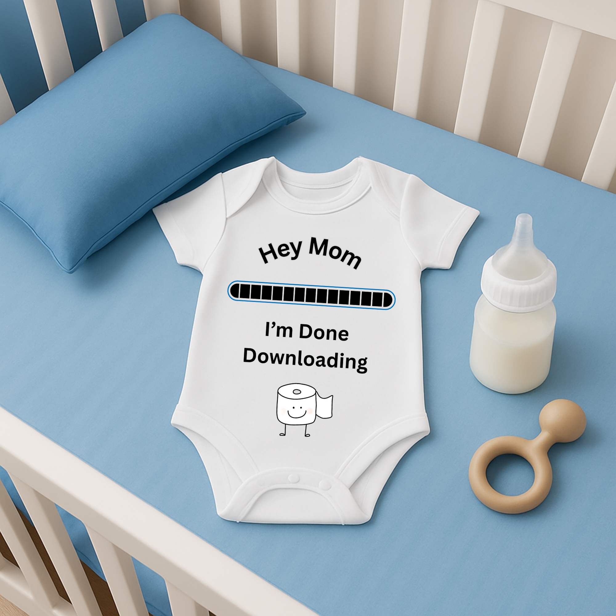 Hey Mom I’m Done Downloading Baby Bodysuit Funny Newborn Onesie Cute Infant Gift for New Moms Baby Shower Humor product thumbnail image