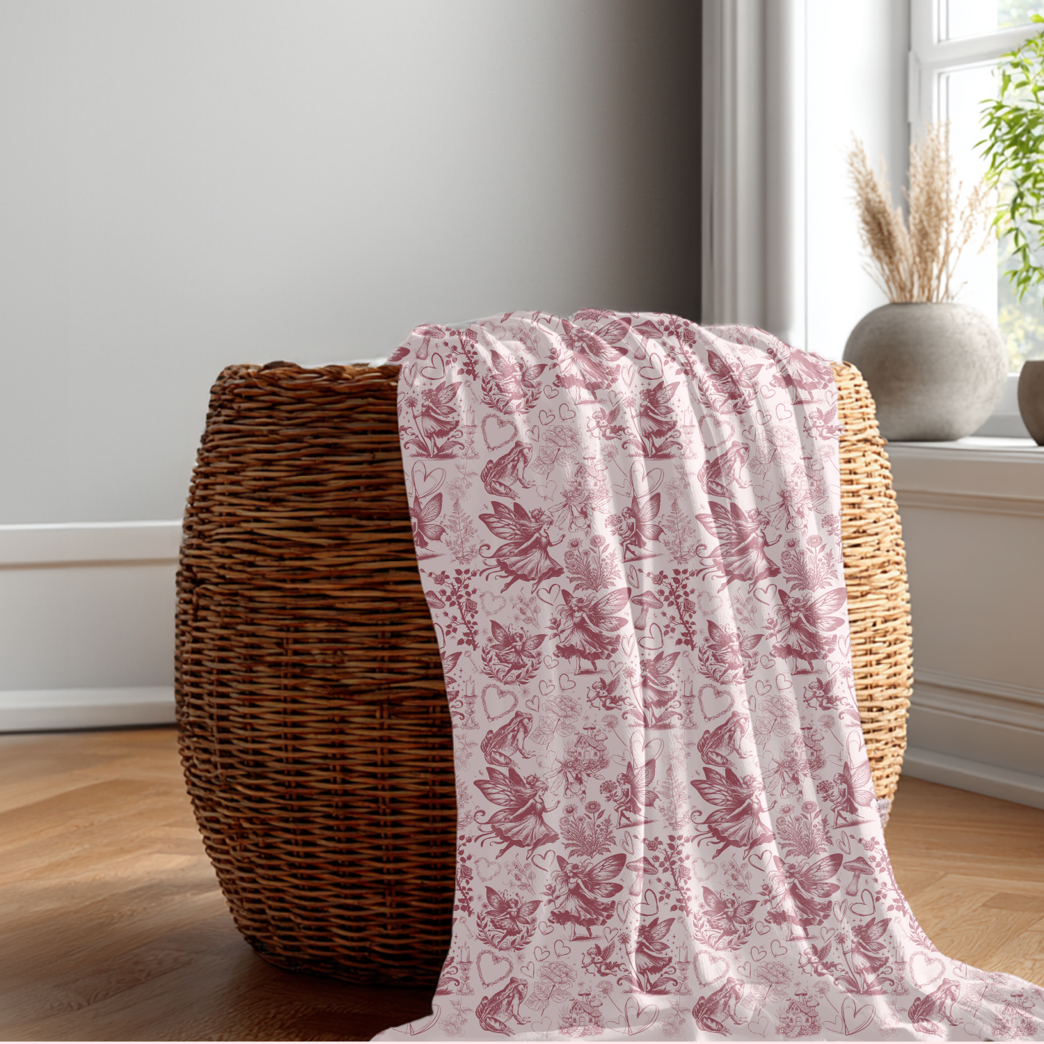 Vintage Fairy Botanical Garden with Hearts Fleece Sherpa Blanket | Fantasy Pink  Valentine Toile product thumbnail image