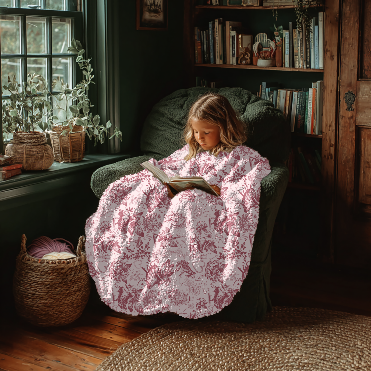 Vintage Fairy Botanical Garden with Hearts Fleece Sherpa Blanket | Fantasy Pink  Valentine Toile product thumbnail image