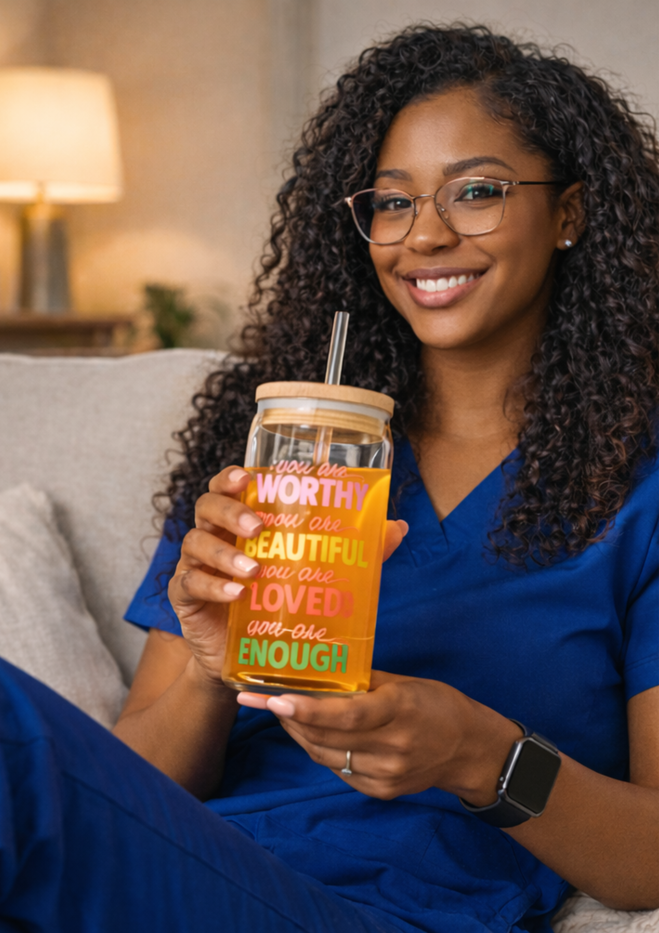16oz Inspirational Sipper Glass – "You Are Worthy, Beautiful, Loved, Enough" Motivational Drink Jar product thumbnail image