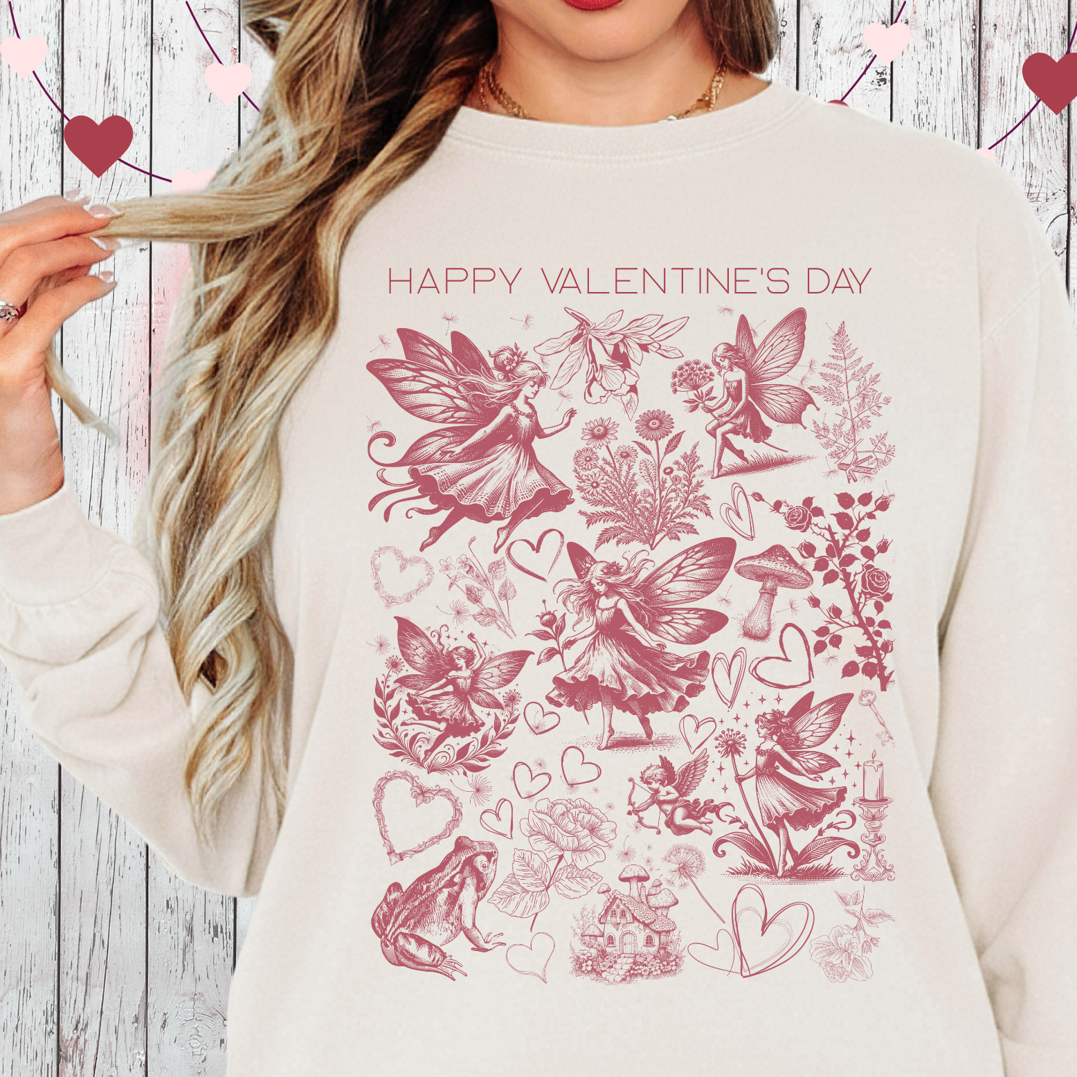 Fairy Floral Hearts Doodle Personalized Illustration Long Sleeve T-Shirt | Valentine Garden Collage  product thumbnail image