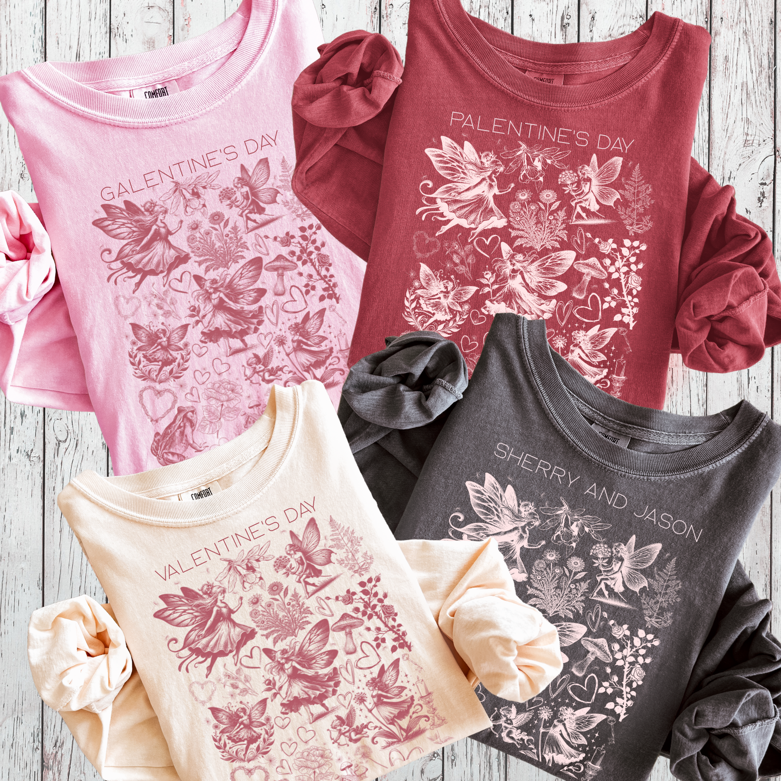 Fairy Floral Hearts Doodle Personalized Illustration Long Sleeve T-Shirt | Valentine Garden Collage  product thumbnail image