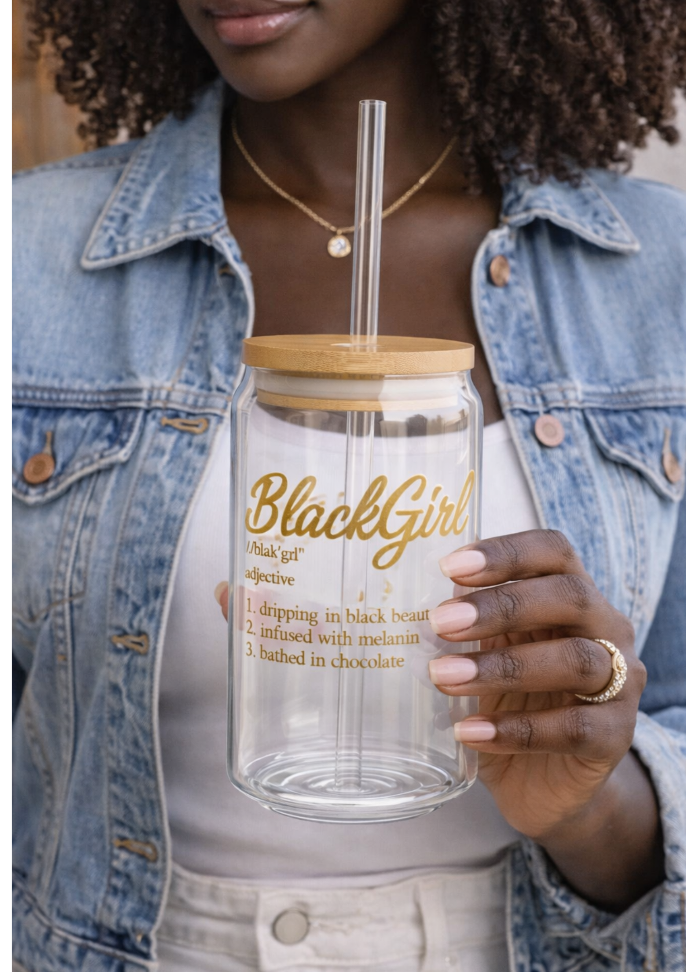 16oz Black Girls Glass Sipper with Bamboo Lid &amp; Straw — Reusable Drink Tumbler