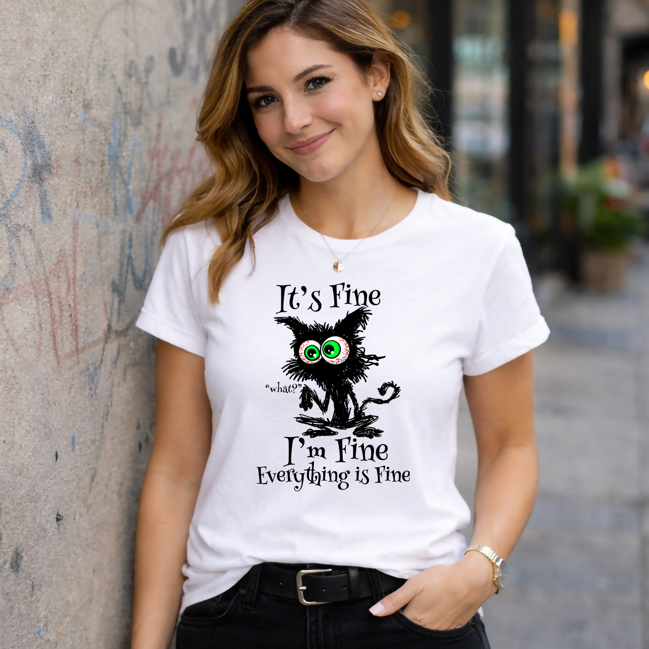 It's Fine I'm Fine Everything is Fine Cat Shirt, Funny Goth Cat Graphic Tee product thumbnail image