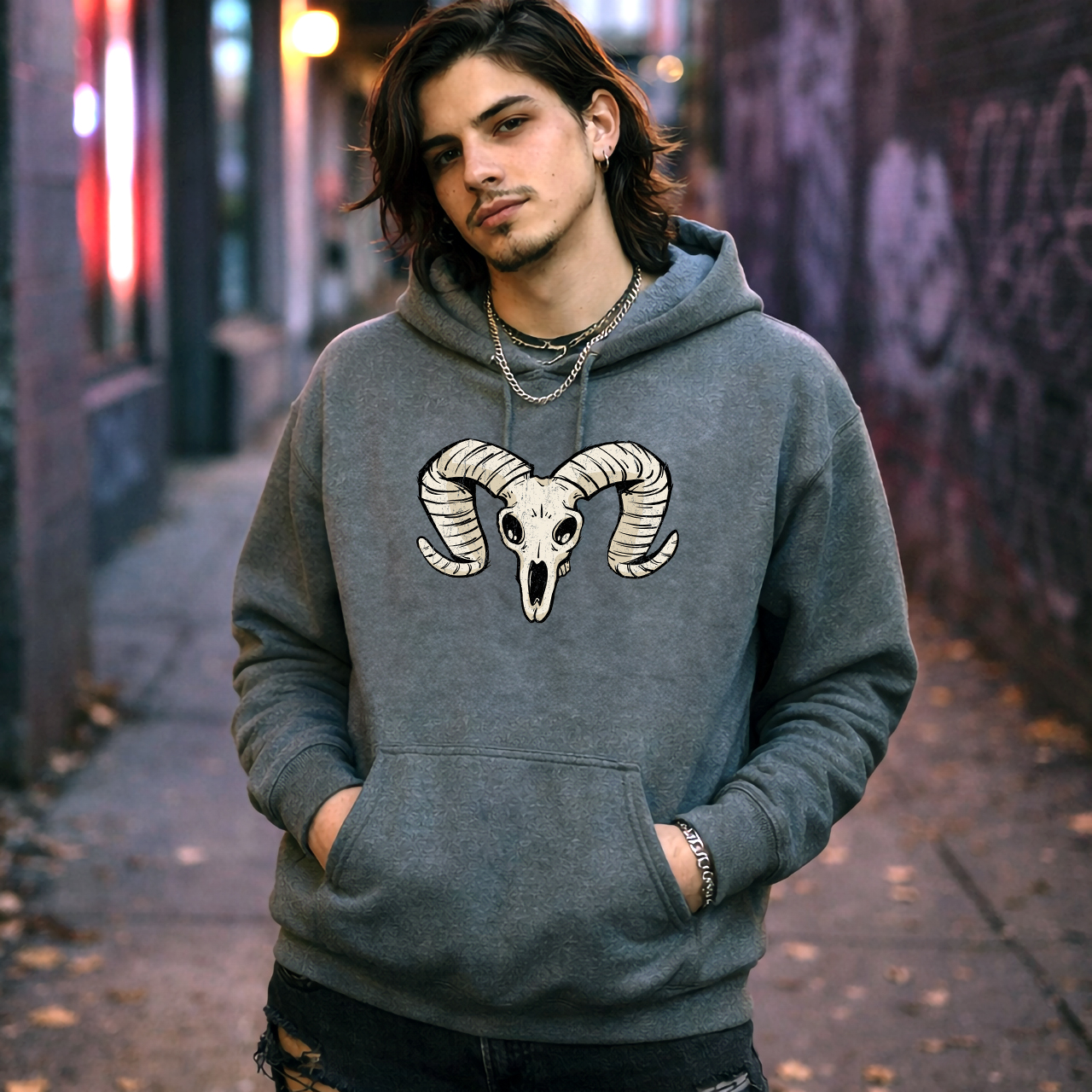 Cartoon Style Ram Skull Hoodie, Animation Inspired Gothic Horned Skull Pullover product thumbnail image