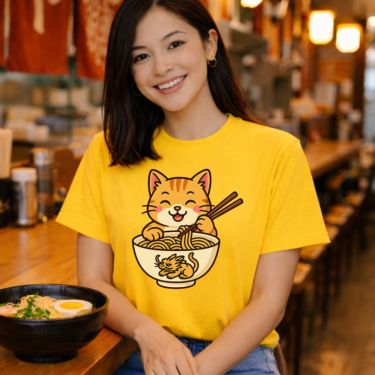 Happy Cat Ramen Noodle Tee, Unisex Casual Shirt, Cute Graphic Top product thumbnail image Happy Cat Ramen Noodle Tee, Unisex Casual Shirt, Cute Graphic Top product thumbnail image