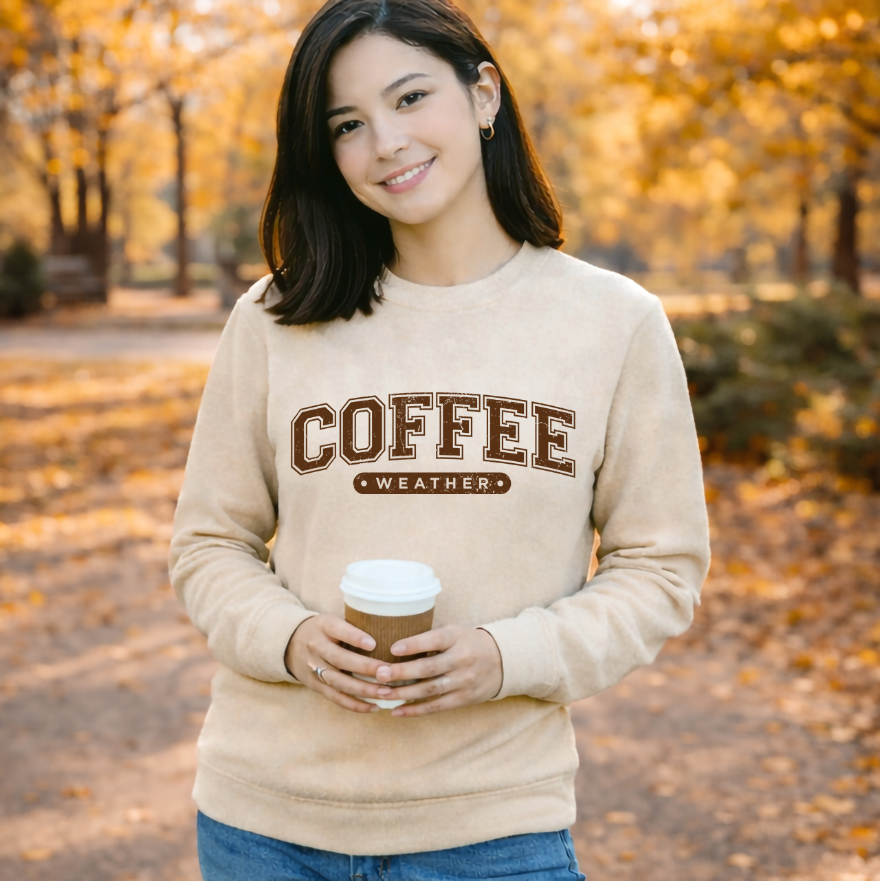 Coffee Weather Crewneck Sweatshirt, Cozy Coffee Graphic Top, Unisex product thumbnail image
