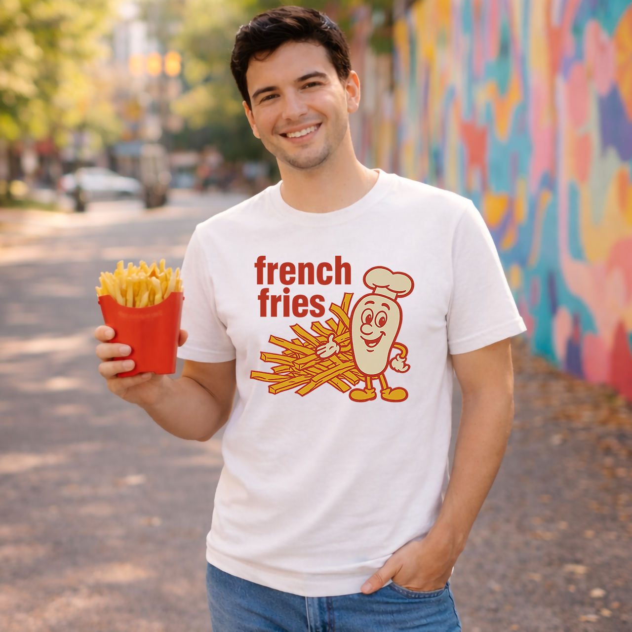 French Fries Retro Cartoon T Shirt, Cute Chef Fry Snack Graphic Tee product thumbnail image French Fries Retro Cartoon T Shirt, Cute Chef Fry Snack Graphic Tee product thumbnail image
