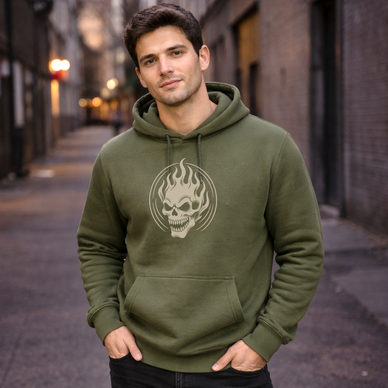 Flaming Skull Hoodie, Gothic Flame Graphic Pullover, Unisex Warmwear product thumbnail image