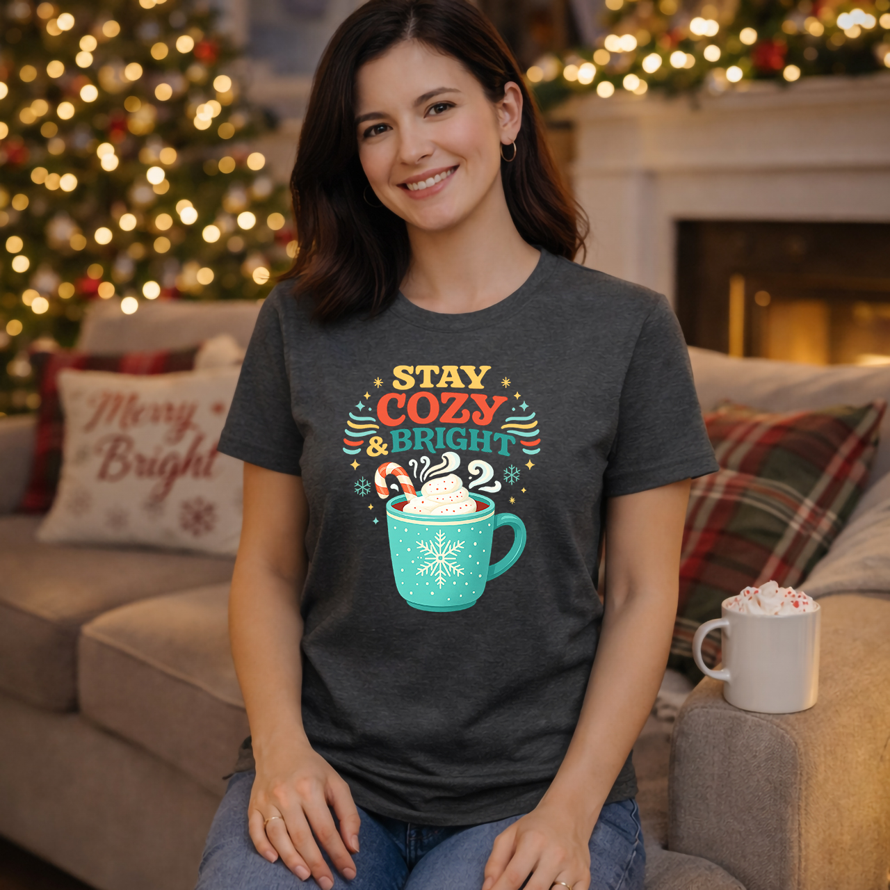 Stay Cozy &amp; Bright Holiday Tee, Women’s Christmas Hot Cocoa Shirt product thumbnail image