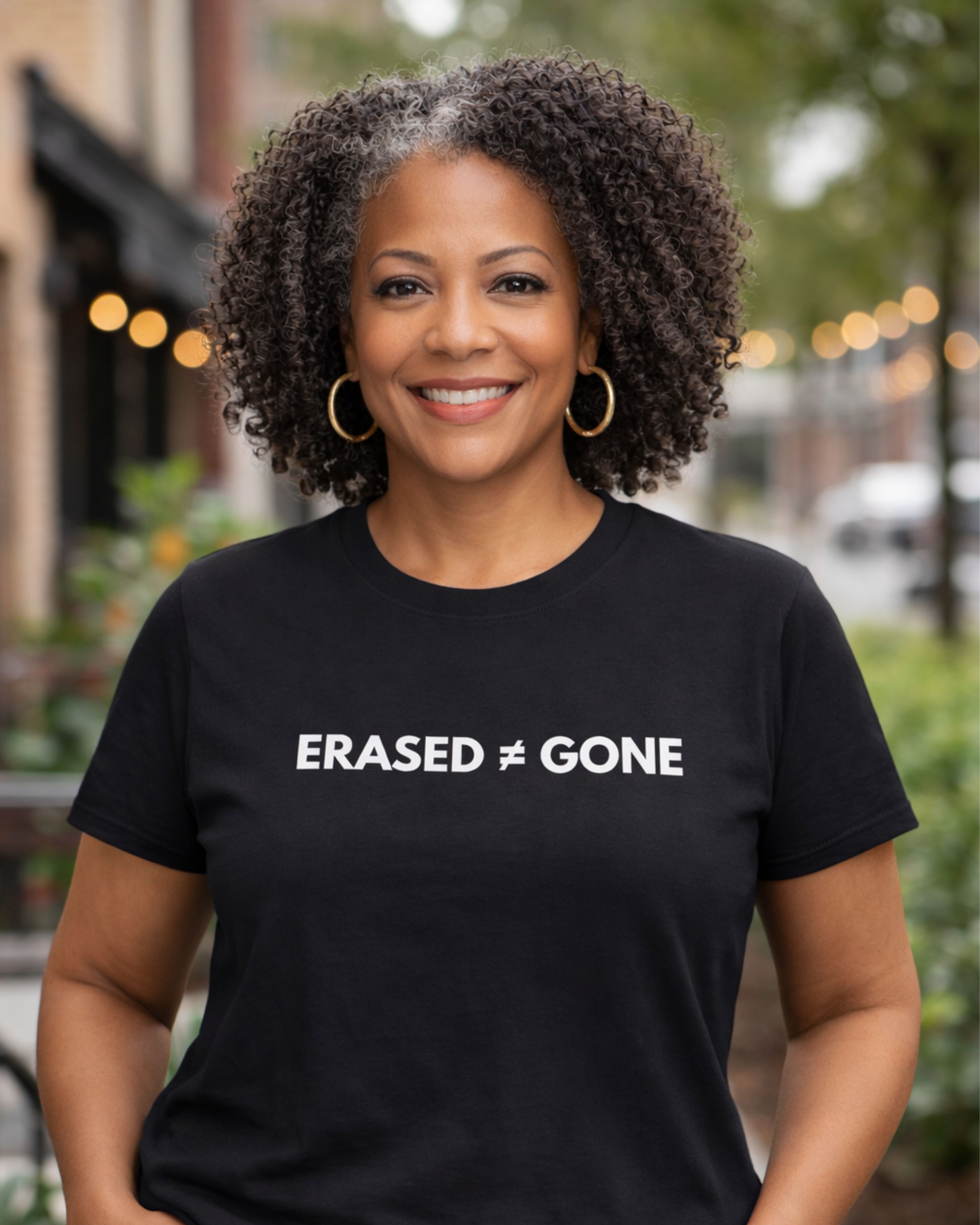 Statement Phrase  ERASED NOT GONE Tee – Black | White Letters product thumbnail image