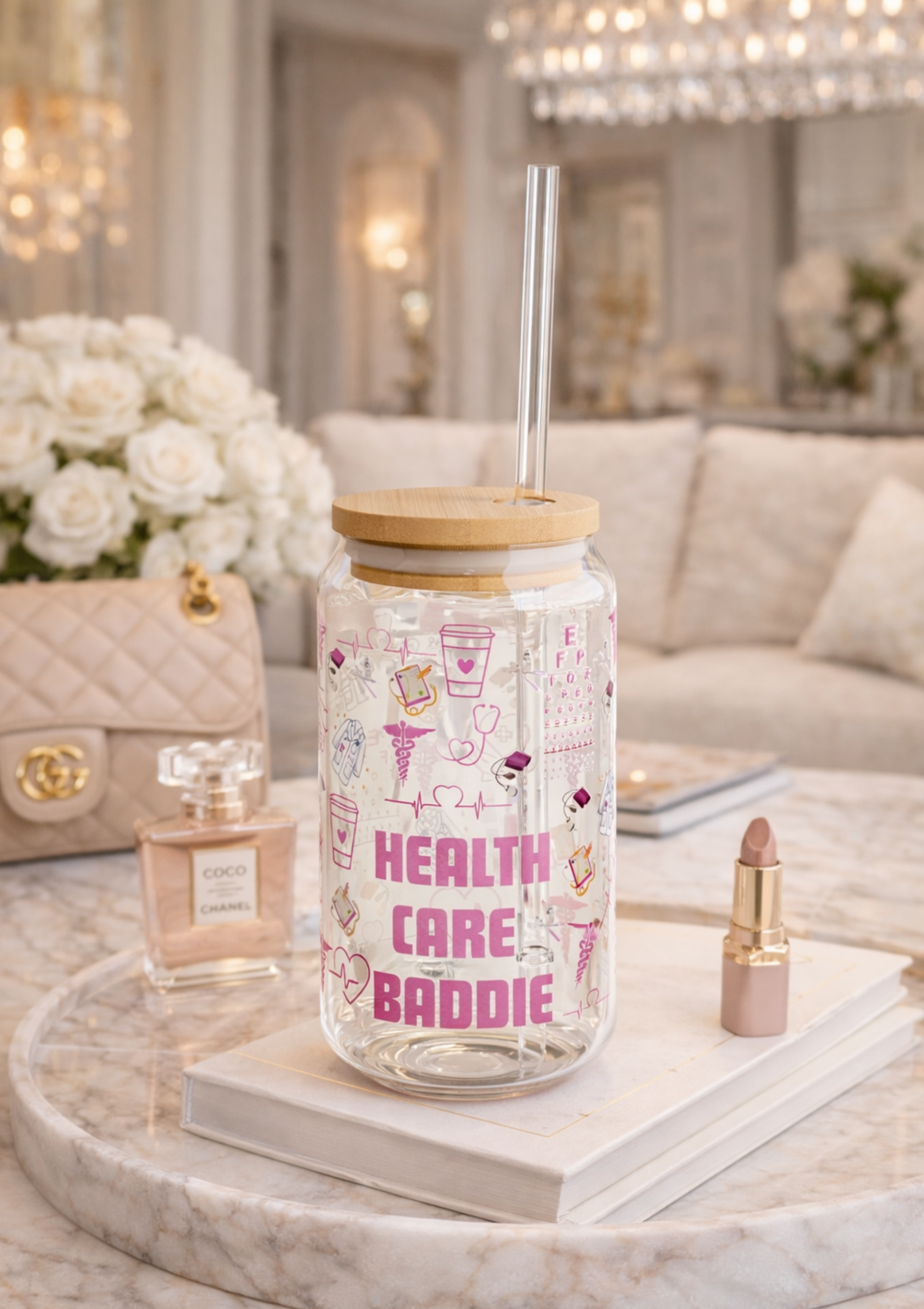  Healthcare Baddie Glass Cup with Straw | Iced Coffee Cup for Nurses &amp; Healthcare Workers | Cute &amp; Aesthetic Gift for Medical Professionals