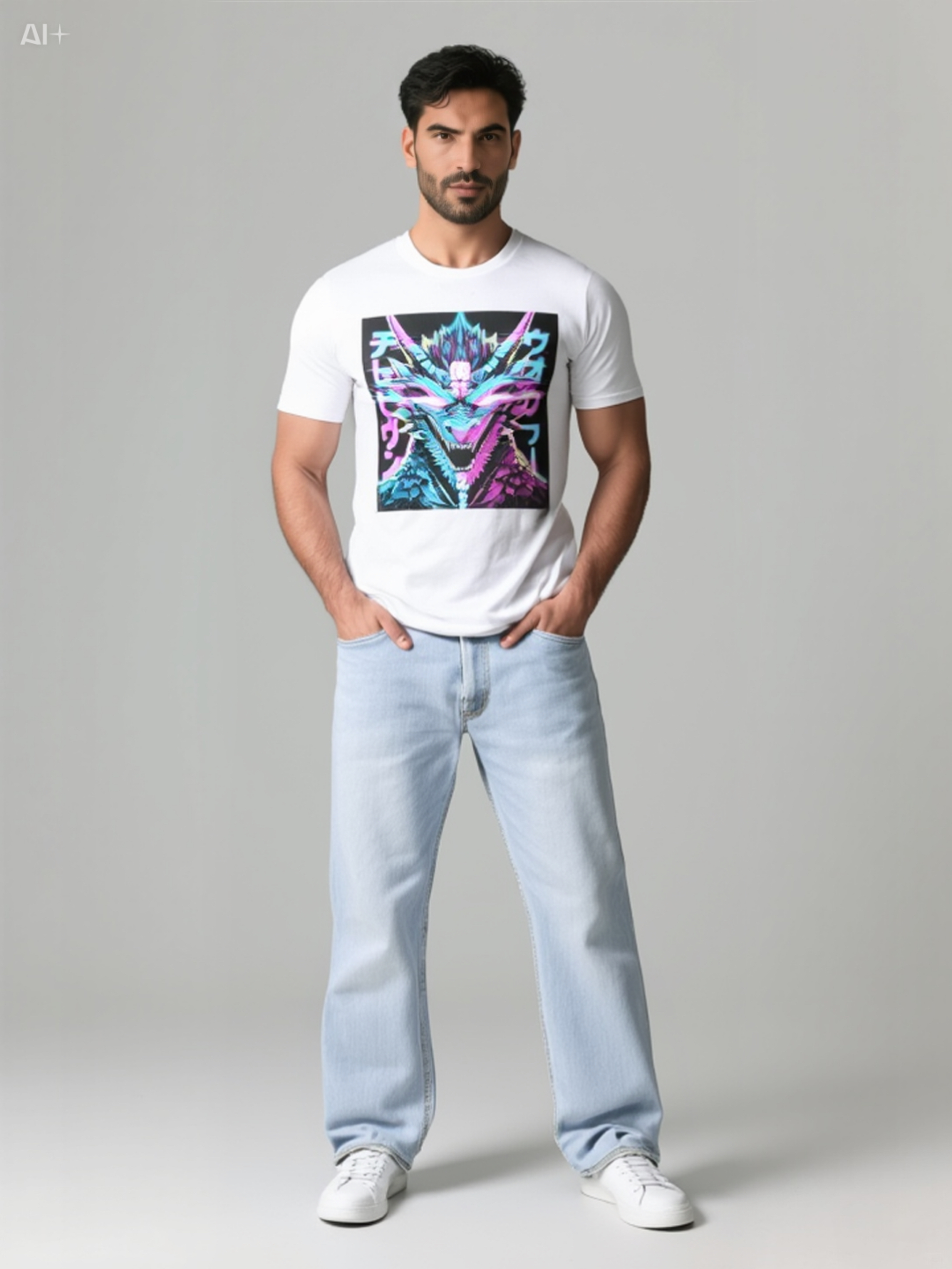 T-Shirt — Neon Cyber Dragon Japanese Kanji Graphic Tee T-Shirt — Neon Cyber Dragon Japanese Kanji Graphic Tee