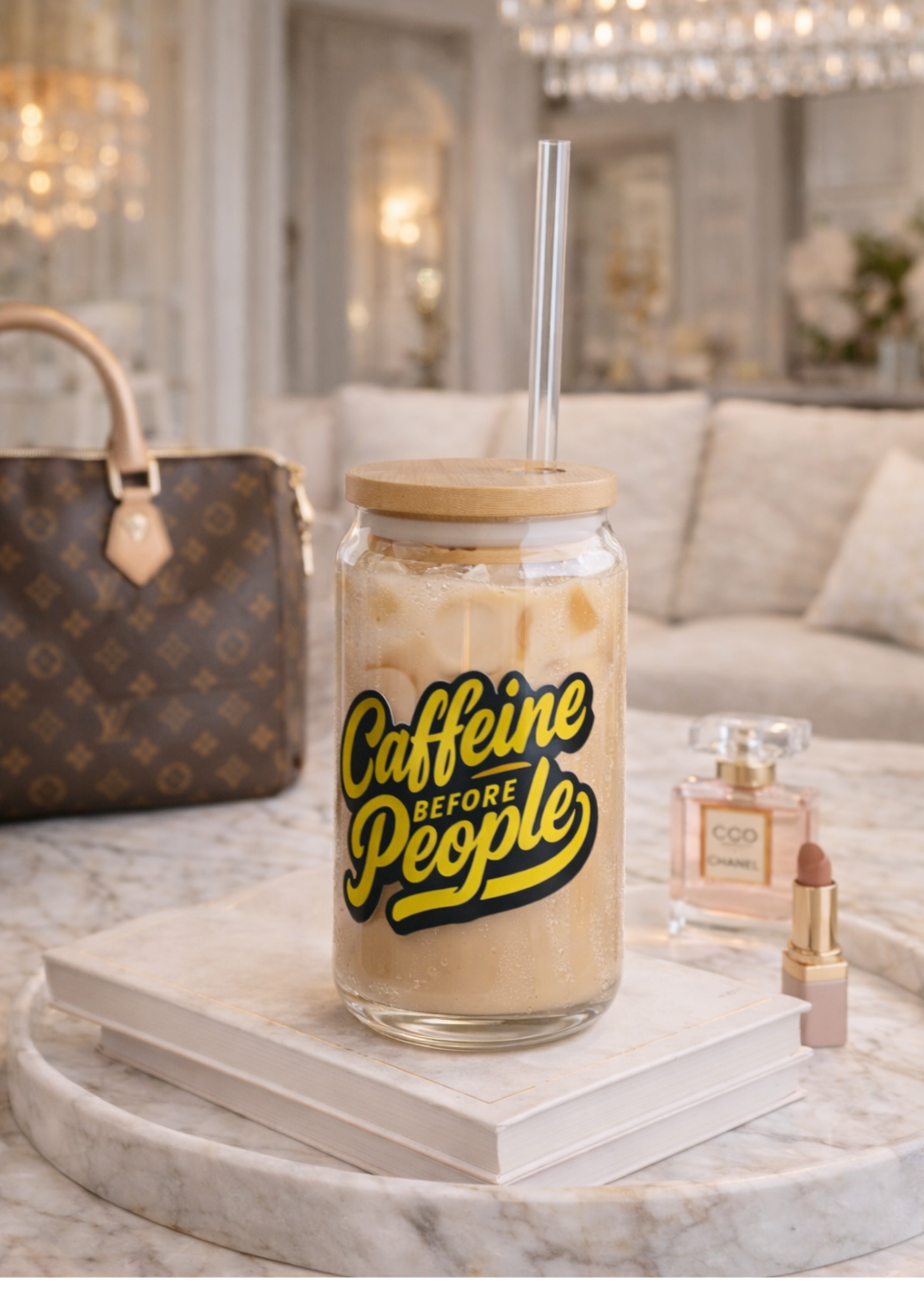 Caffeine Before People 16oz Glass Sipper with Bamboo Lid