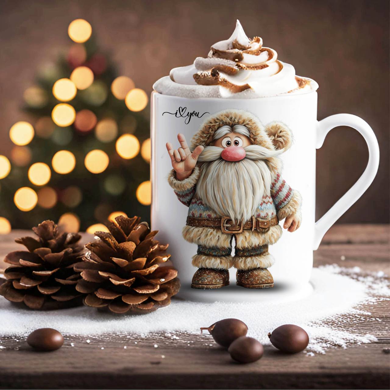 ASL Woodland Gnome with ILY Sign Ceramic Mug — Cute ILY Sign Gnome Coffee Cup (11oz, 15oz)