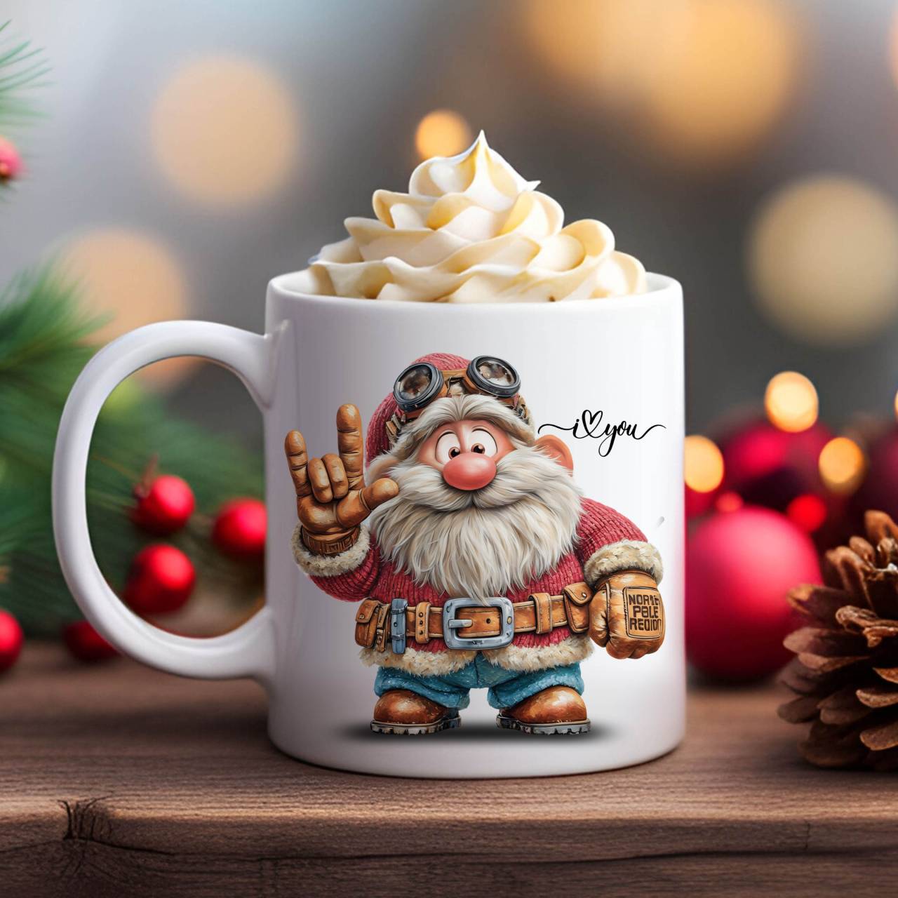 ASL Santa Gnome with ILY Sign Ceramic Mug – Holiday Coffee Cup with Festive Gnome with ILY Sign Design (11oz &amp; 15oz)