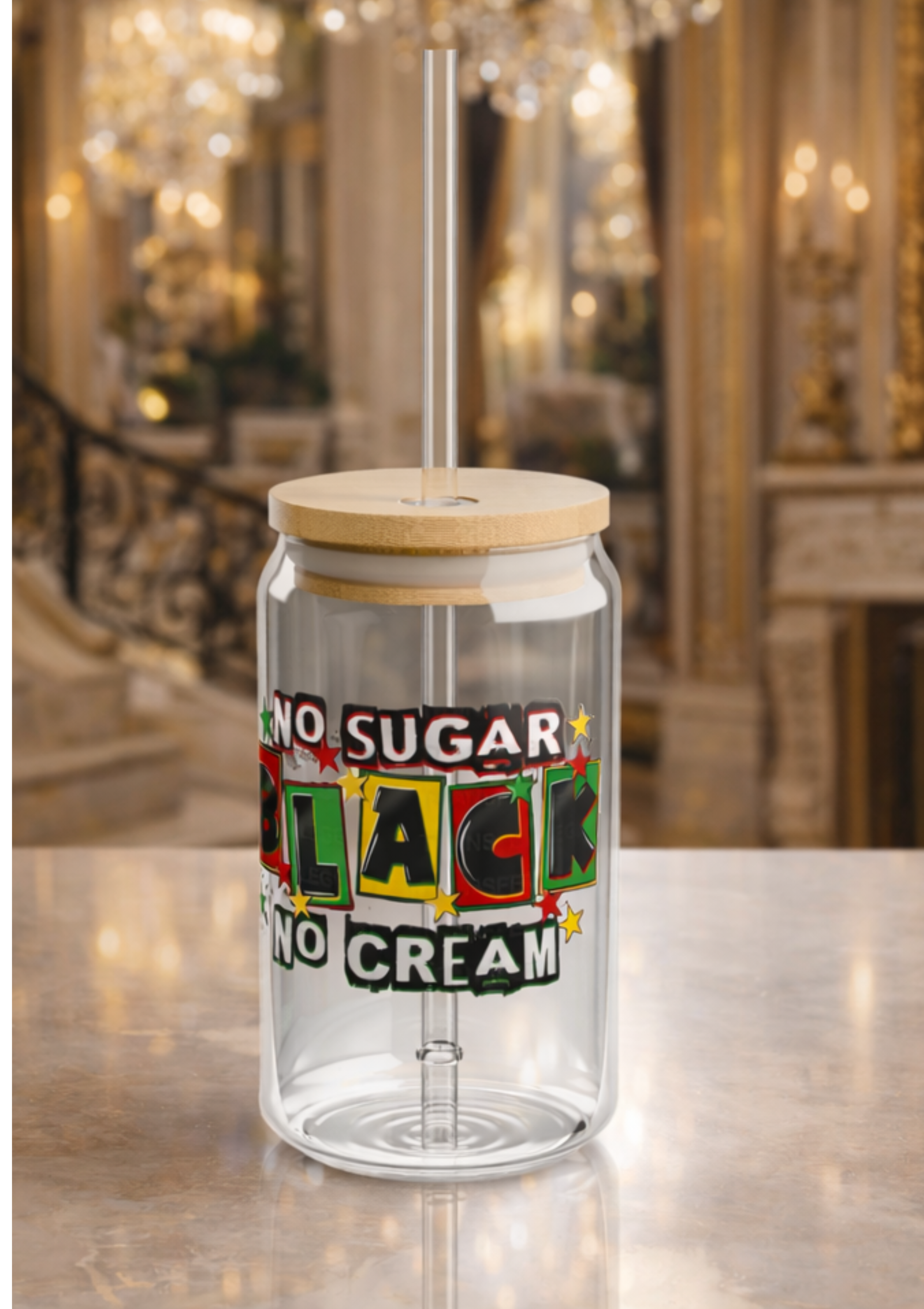 Sipper Glass — “No Sugar, No Cream, Black” 16oz Bamboo Lid Tumbler product thumbnail image