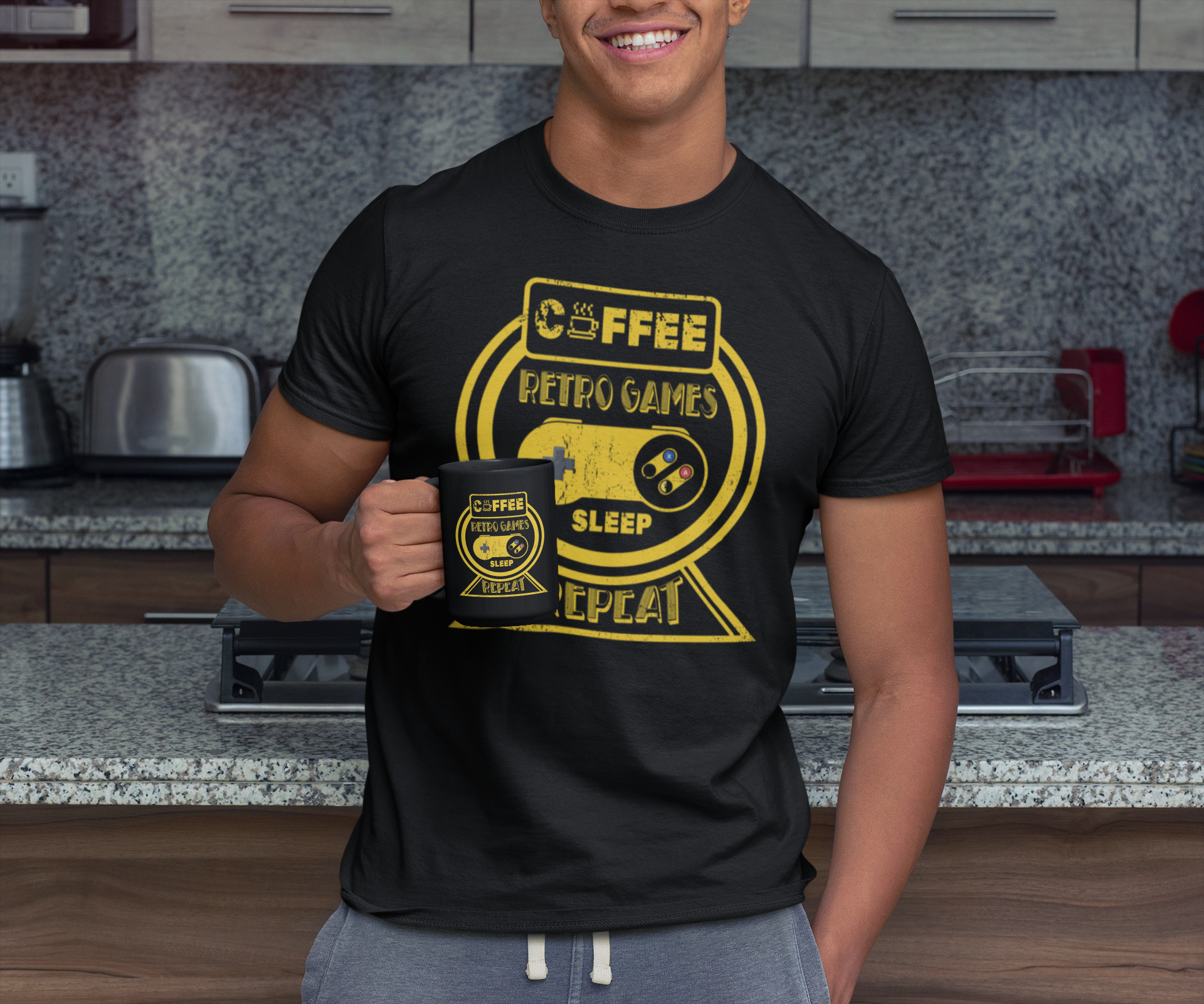 Coffee Retro Games Sleep Repeat Shirt product thumbnail image Coffee Retro Games Sleep Repeat Shirt product thumbnail image