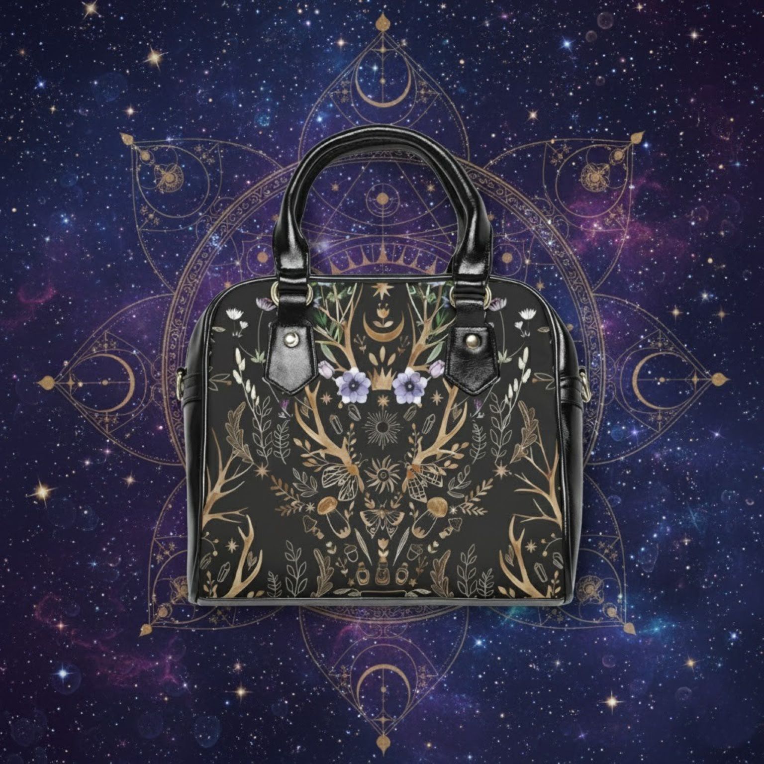 Floral Antler Shoulder Handbag — Dark Botanical Pattern Tote