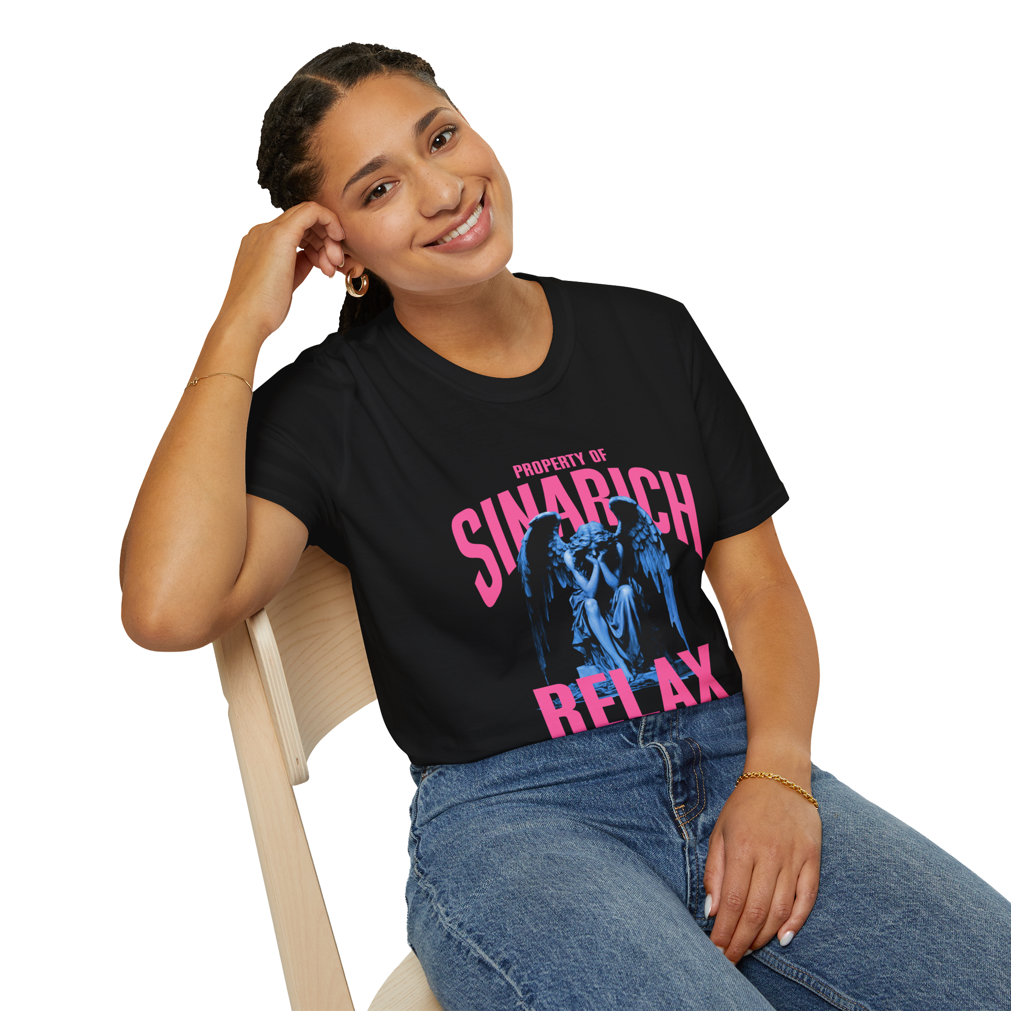 Relax Angel Graphic Tee — "Property of Sinarich" Pink &amp; Blue Vintage Statue T-Shirt product thumbnail image