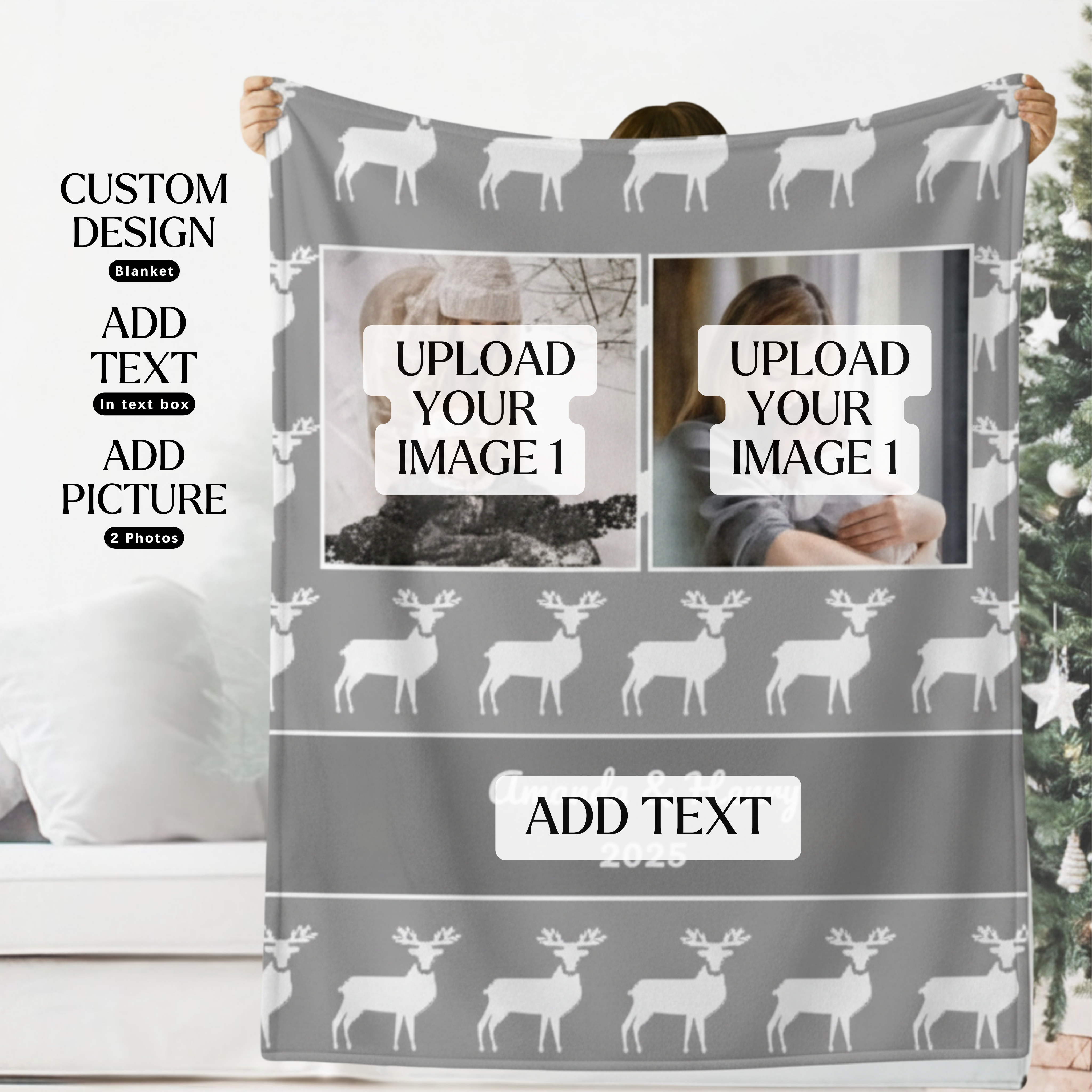 Personalized Weighted 2 Photo Blanket – Custom Name Velveteen Throw for Winter &amp; Holidays Personal Gift