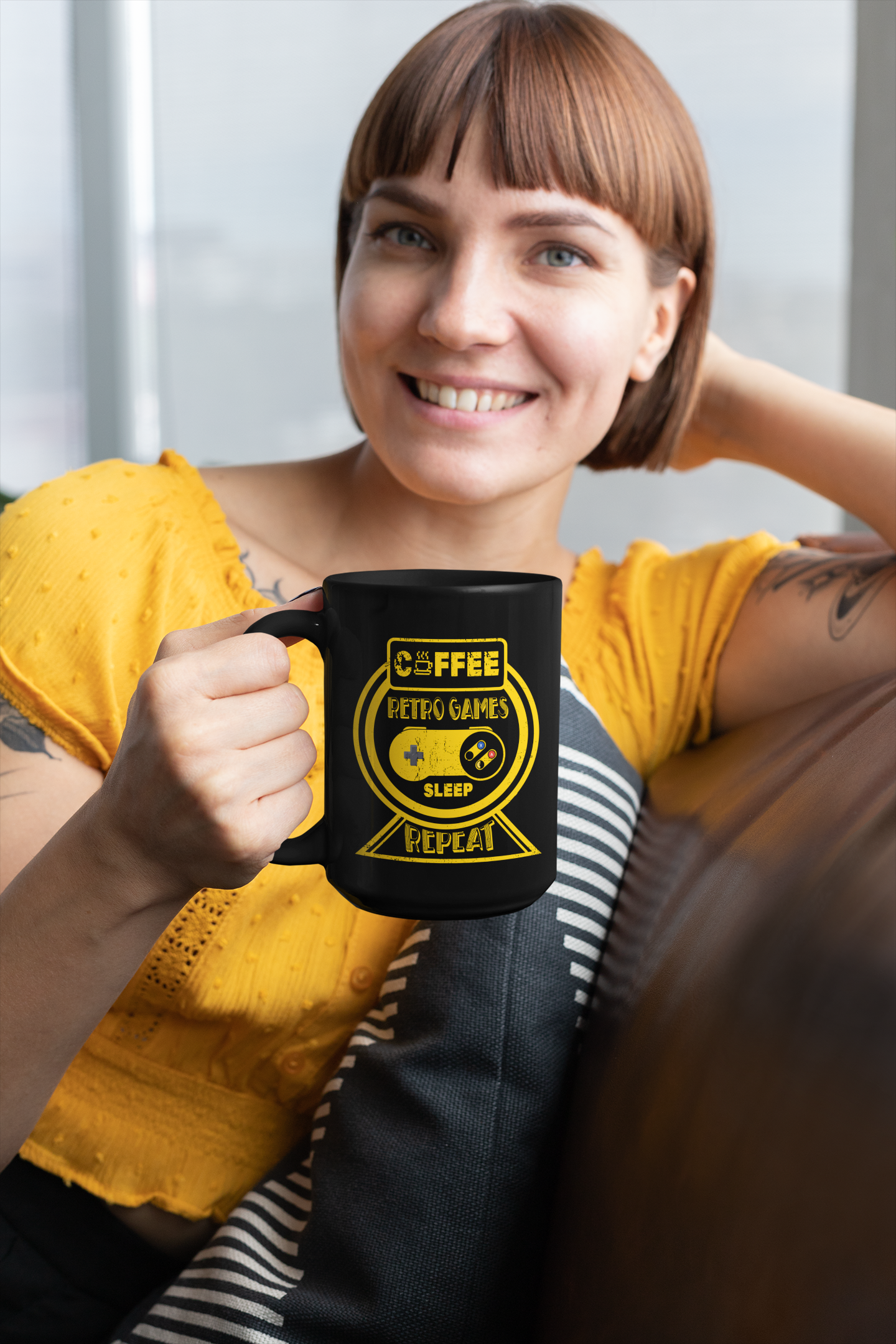 Coffee Retro Games Sleep Repeat Black Mug, 15oz product thumbnail image