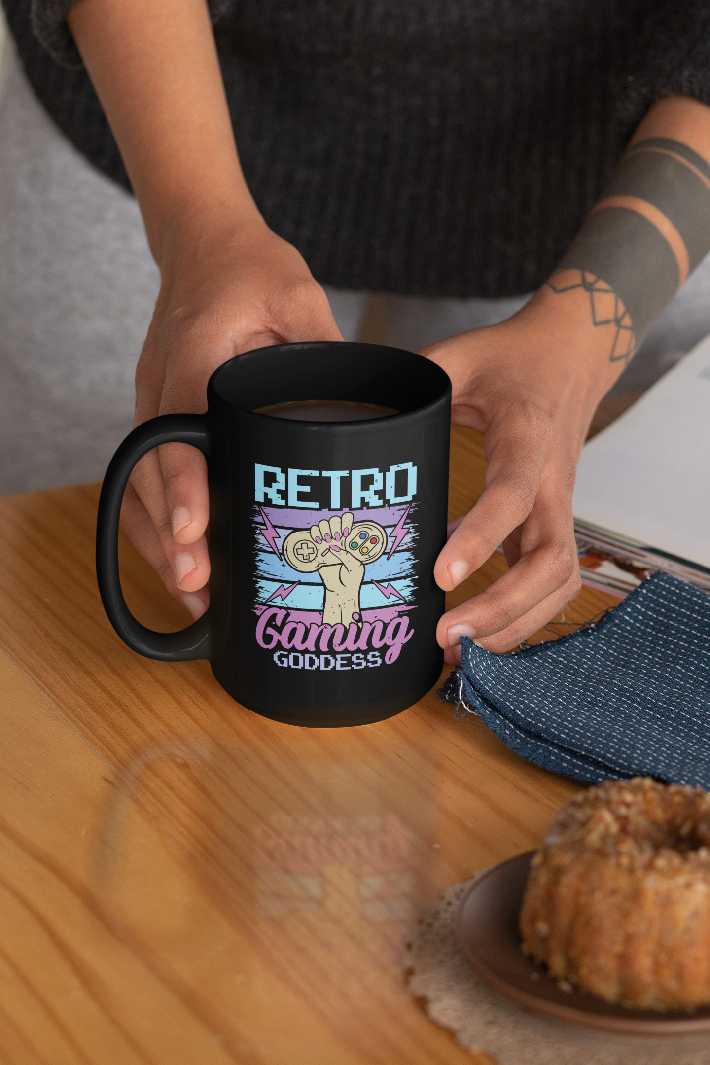 Retro Gaming Goddess Black Mug, 15oz product thumbnail image