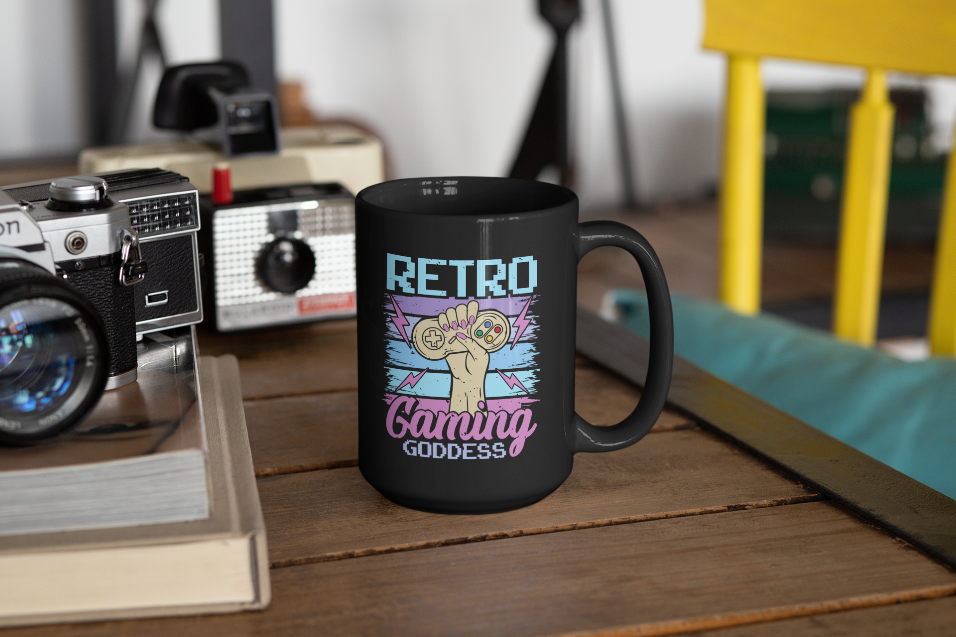 Retro Gaming Goddess Black Mug, 15oz product thumbnail image