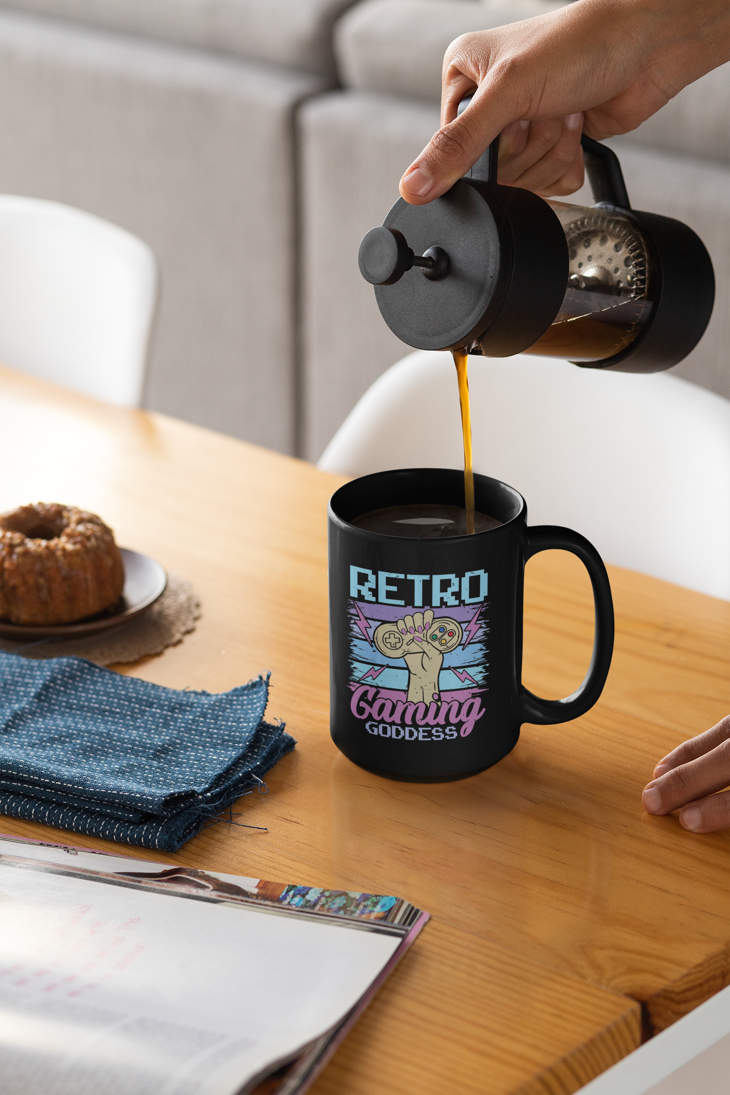 Retro Gaming Goddess Black Mug, 15oz product thumbnail image