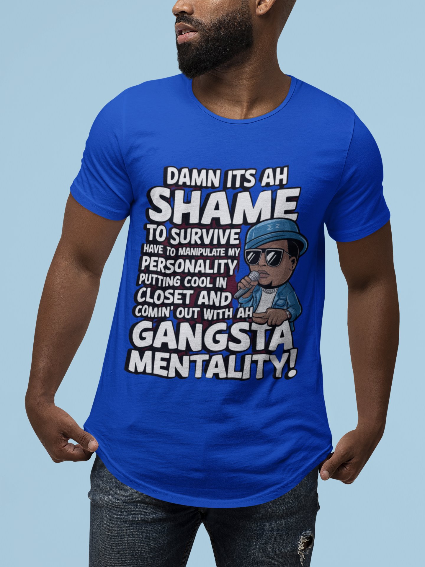 Graphic Tee — "Gangsta Mentality" Quote T-Shirt with Character Art