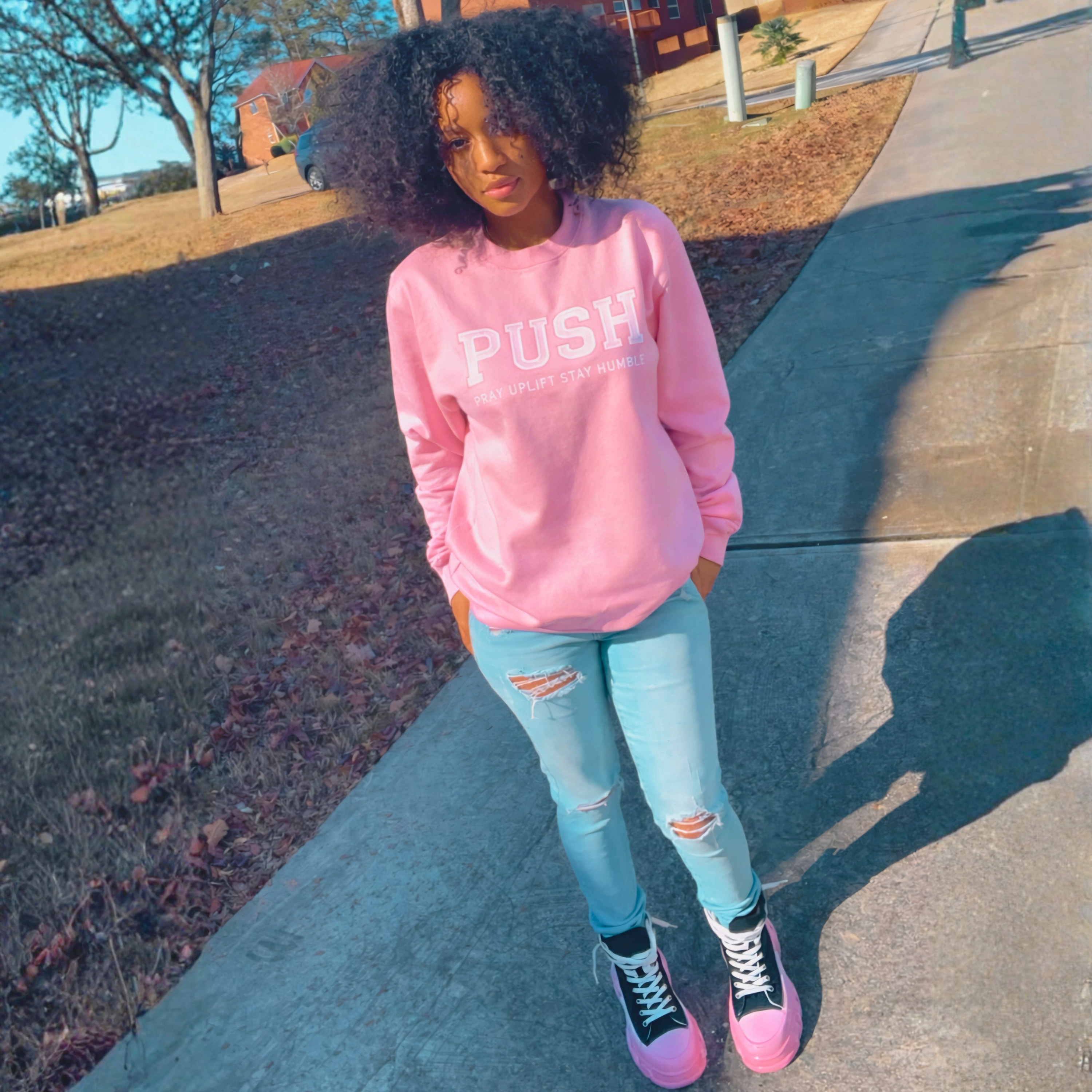 Unisex "PUSH" embossed Baby Pink / Pastel Rose Sweatshirt product thumbnail image