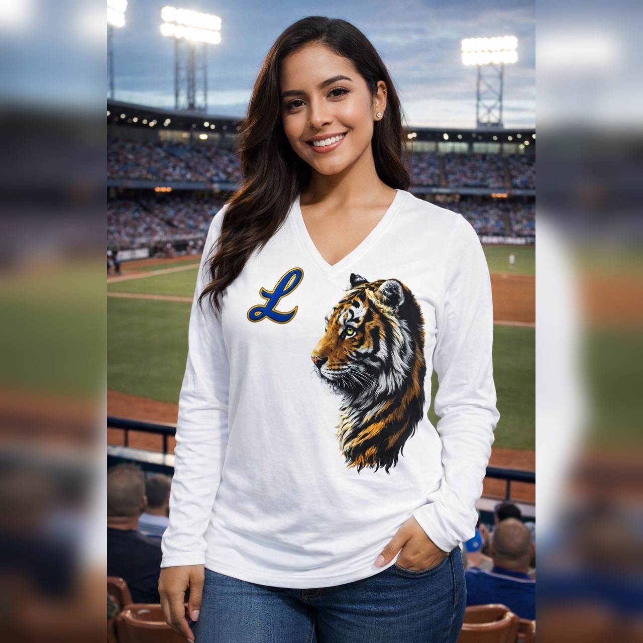 Tigres del Licey V-Neck Long Sleeve Women Tee, Dominican Baseball product thumbnail image
