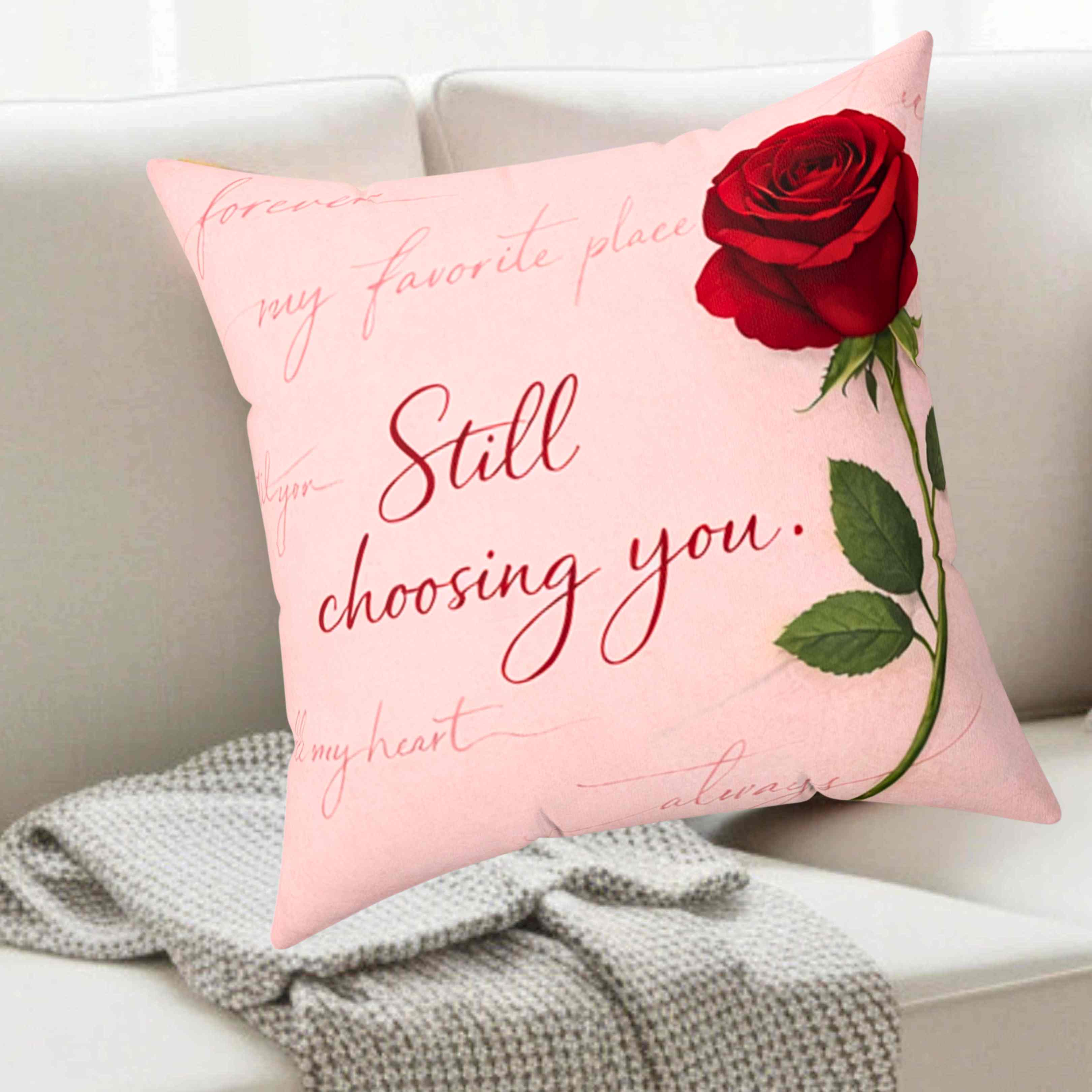 Still Choosing You pillow | Red rose script, romantic throw cushion product thumbnail image Still Choosing You pillow | Red rose script, romantic throw cushion product thumbnail image