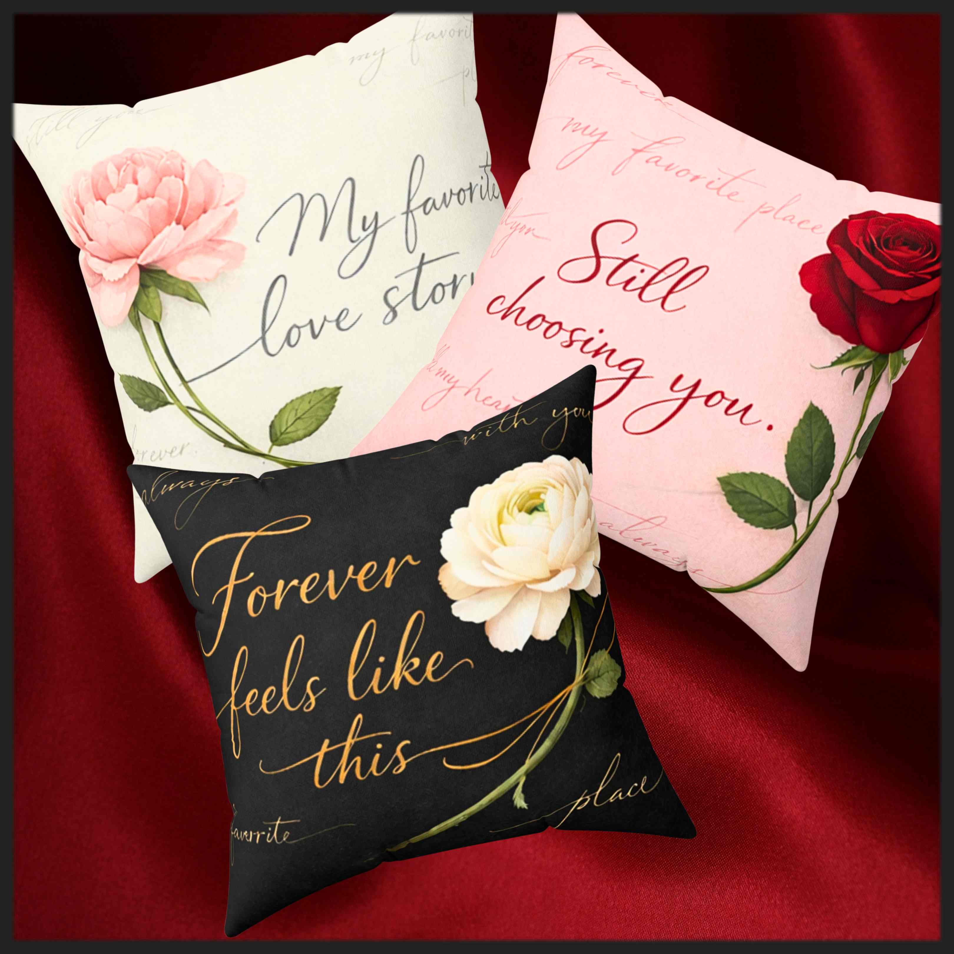 Pink Rose "My Favorite Love Story" Pillow | Square Throw Cushion product thumbnail image