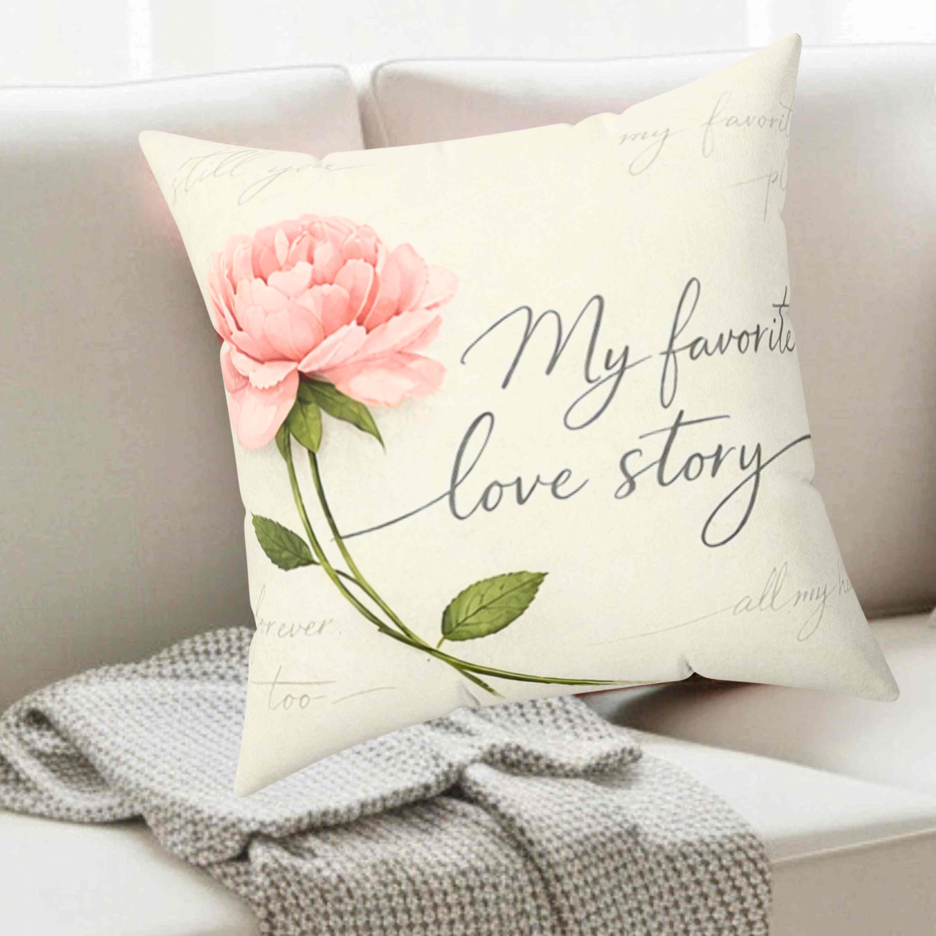 Pink Rose "My Favorite Love Story" Pillow | Square Throw Cushion product thumbnail image