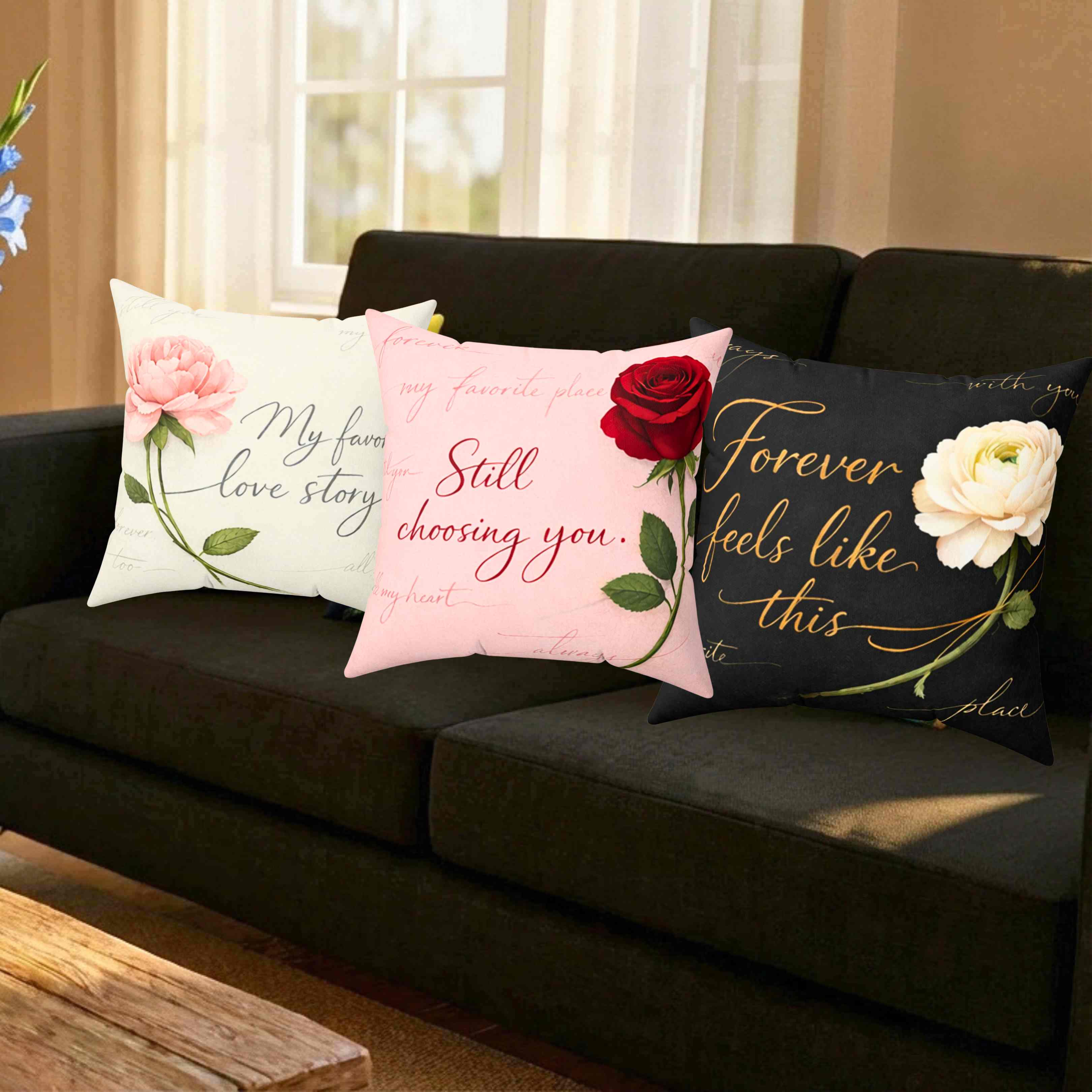 Pink Rose "My Favorite Love Story" Pillow | Square Throw Cushion product thumbnail image Pink Rose "My Favorite Love Story" Pillow | Square Throw Cushion product thumbnail image