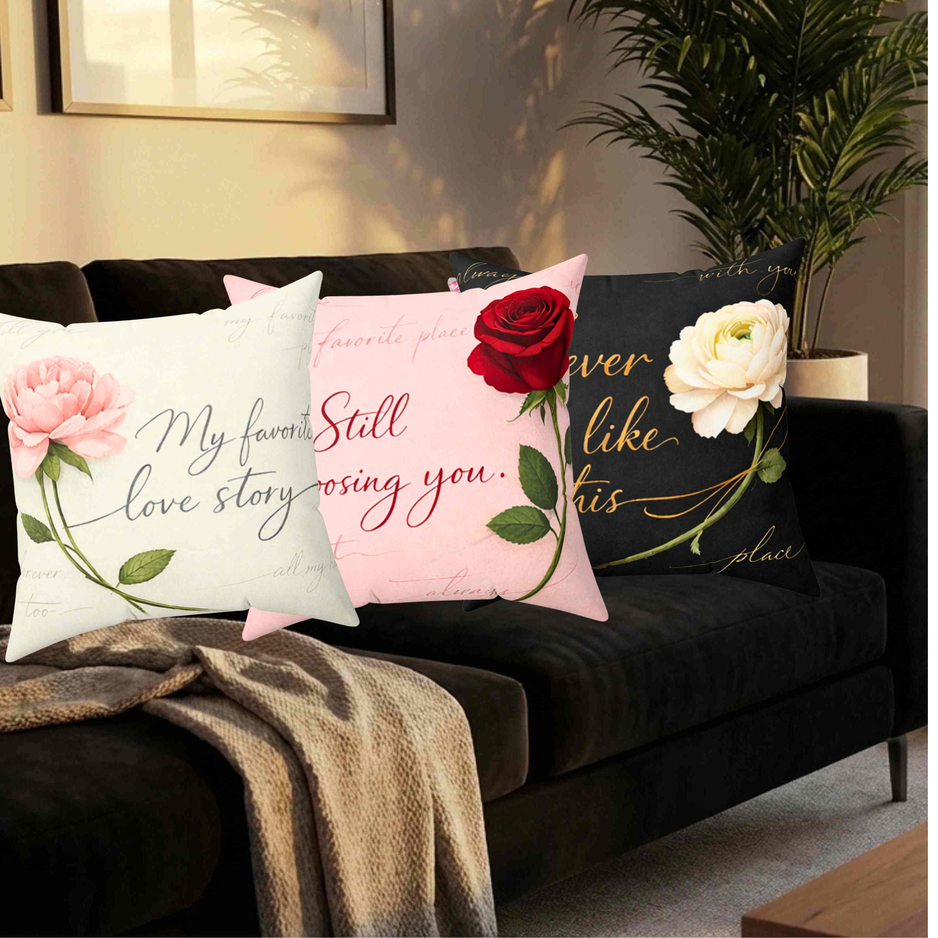 Forever Feels Like This Pillow | Floral Throw Pillow, White Ranunculus on Black product thumbnail image