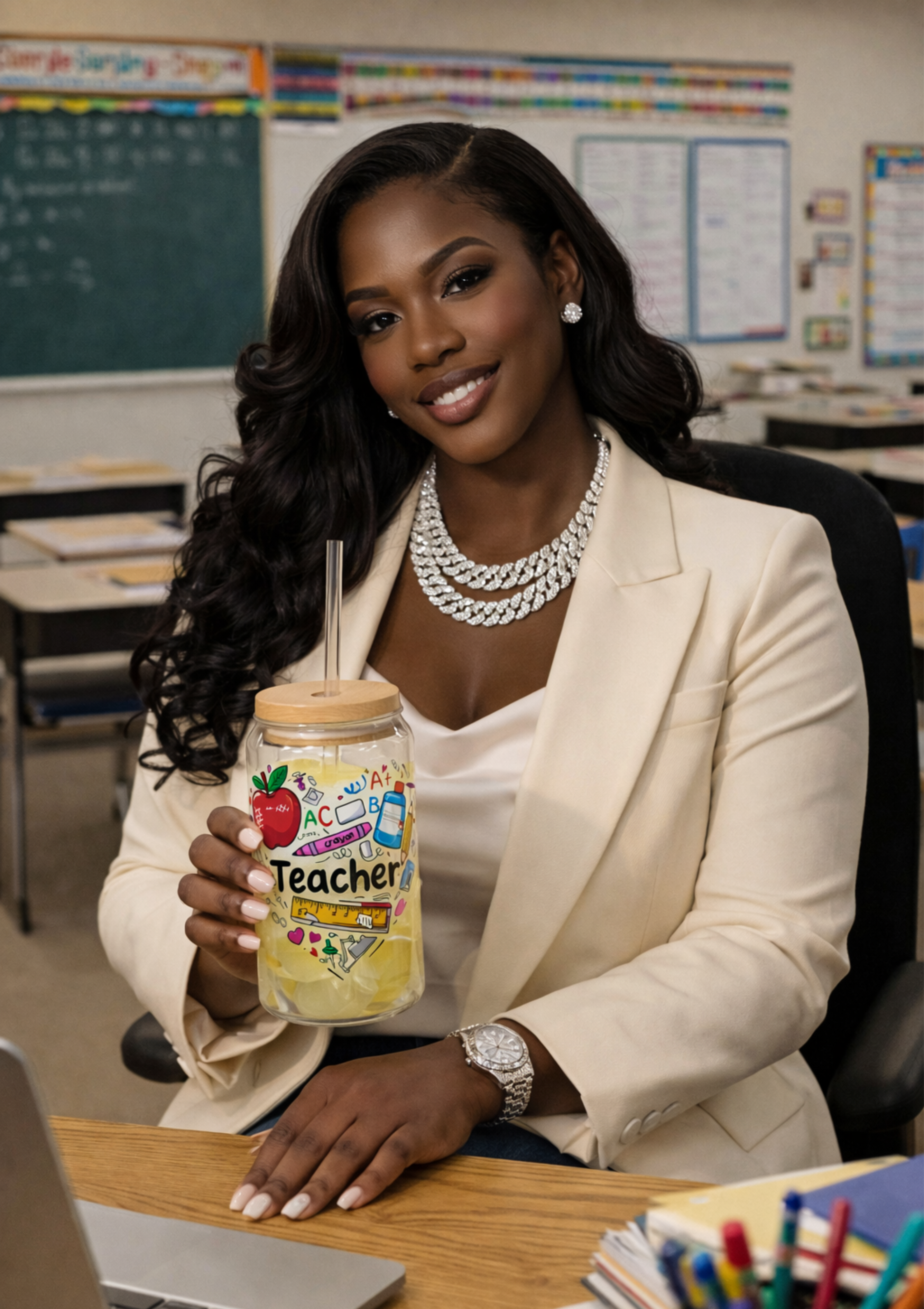 Teacher Appreciation 16oz Sipper Glass with Straw – Cute School Supplies Design