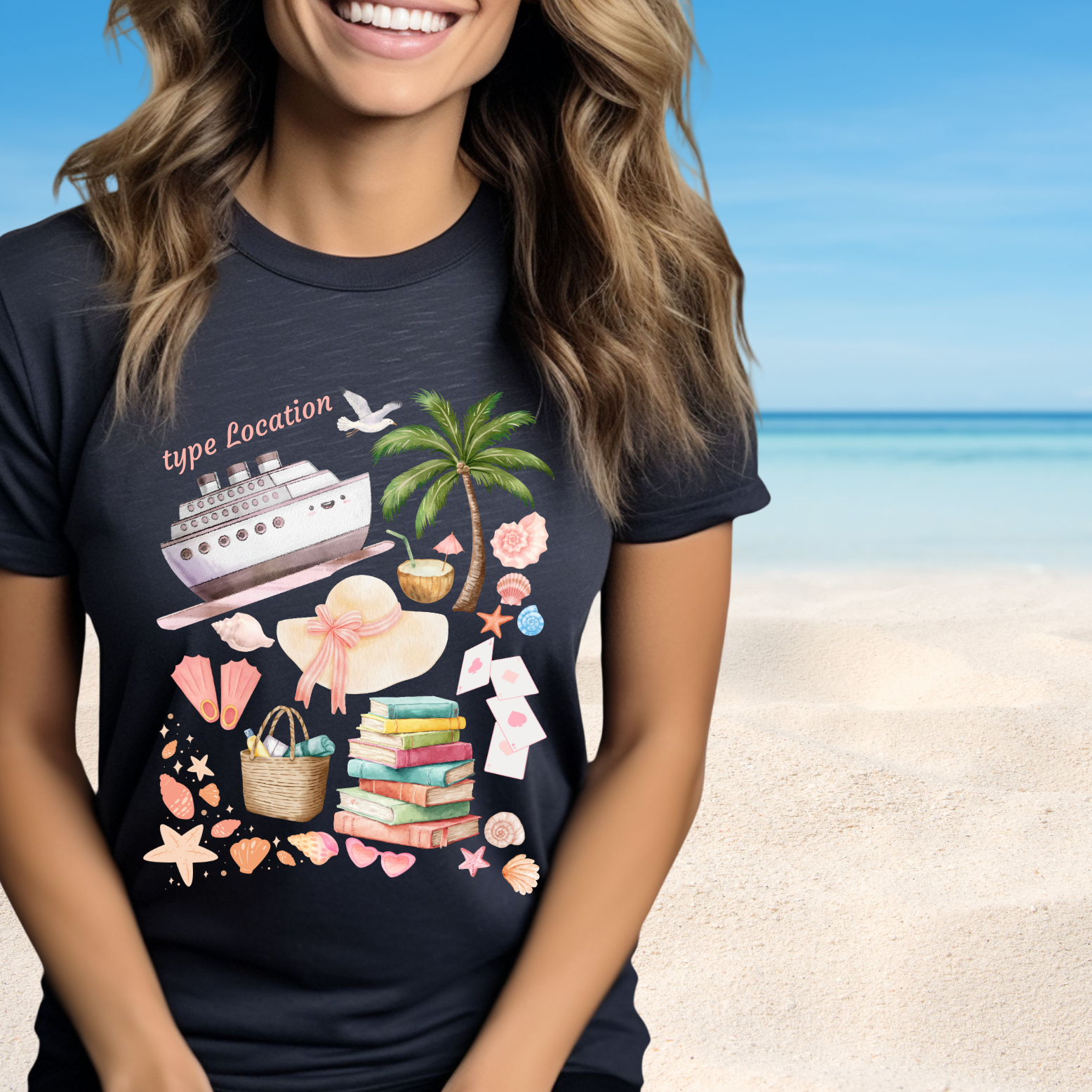 Cruise Matching Personalized T-shirts Books and Cards Watercolor Collage Vacation Tee  