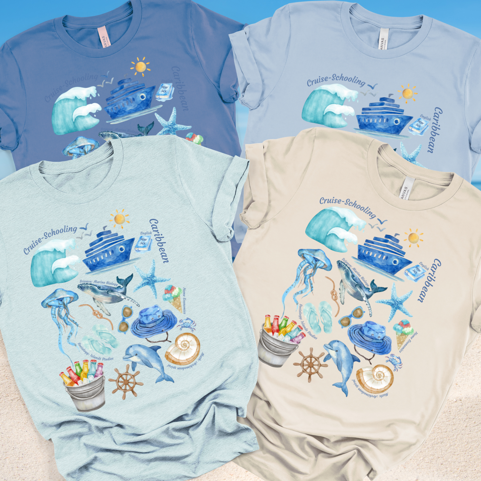 Cruise Schooling Matching Personalized T-shirts Nautical Unit Study Watercolor Collage Vacation Tee   product thumbnail image
