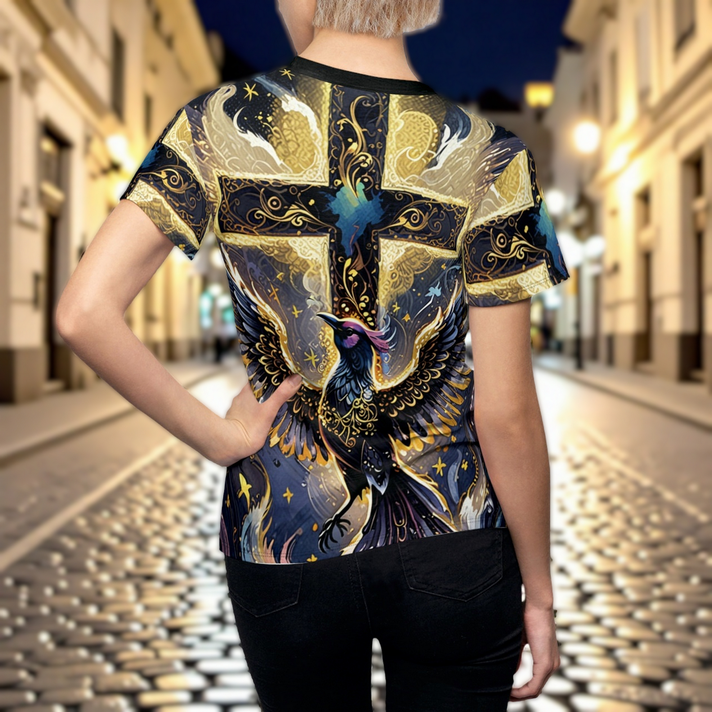 Phoenix and Cross All Over Print Tshirt Symbolizing the Resurrection a Rebirth and Rising Again. Suitable for men and women as a Christian inspirational gift, religious wear, or everyday style. product thumbnail image Phoenix and Cross All Over Print Tshirt Symbolizing the Resurrection a Rebirth and Rising Again. Suitable for men and women as a Christian inspirational gift, religious wear, or everyday style. product thumbnail image