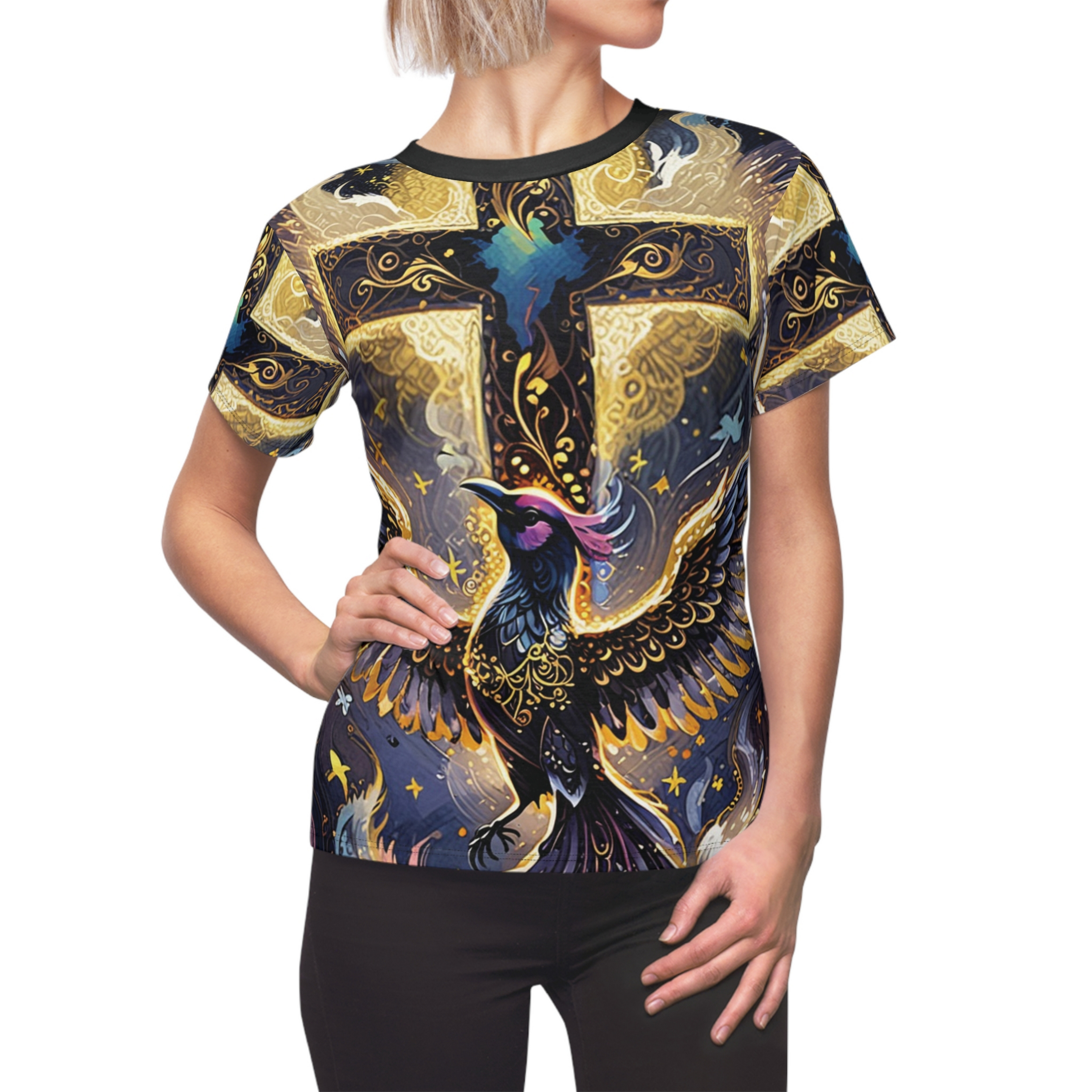 Phoenix and Cross All Over Print Tshirt Symbolizing the Resurrection a Rebirth and Rising Again. Suitable for men and women as a Christian inspirational gift, religious wear, or everyday style. product thumbnail image Phoenix and Cross All Over Print Tshirt Symbolizing the Resurrection a Rebirth and Rising Again. Suitable for men and women as a Christian inspirational gift, religious wear, or everyday style. product thumbnail image
